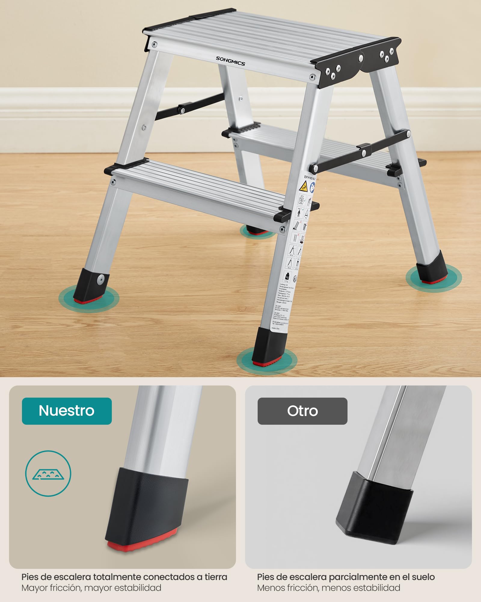 SONGMICS Escalera Plegable, Escalera de Mano, Escalera de Aluminio con 2 Peldaños Antideslizantes, Multifuncional, Carga de 150 kg, Gris Plata y Negro Tinta GLT012E01