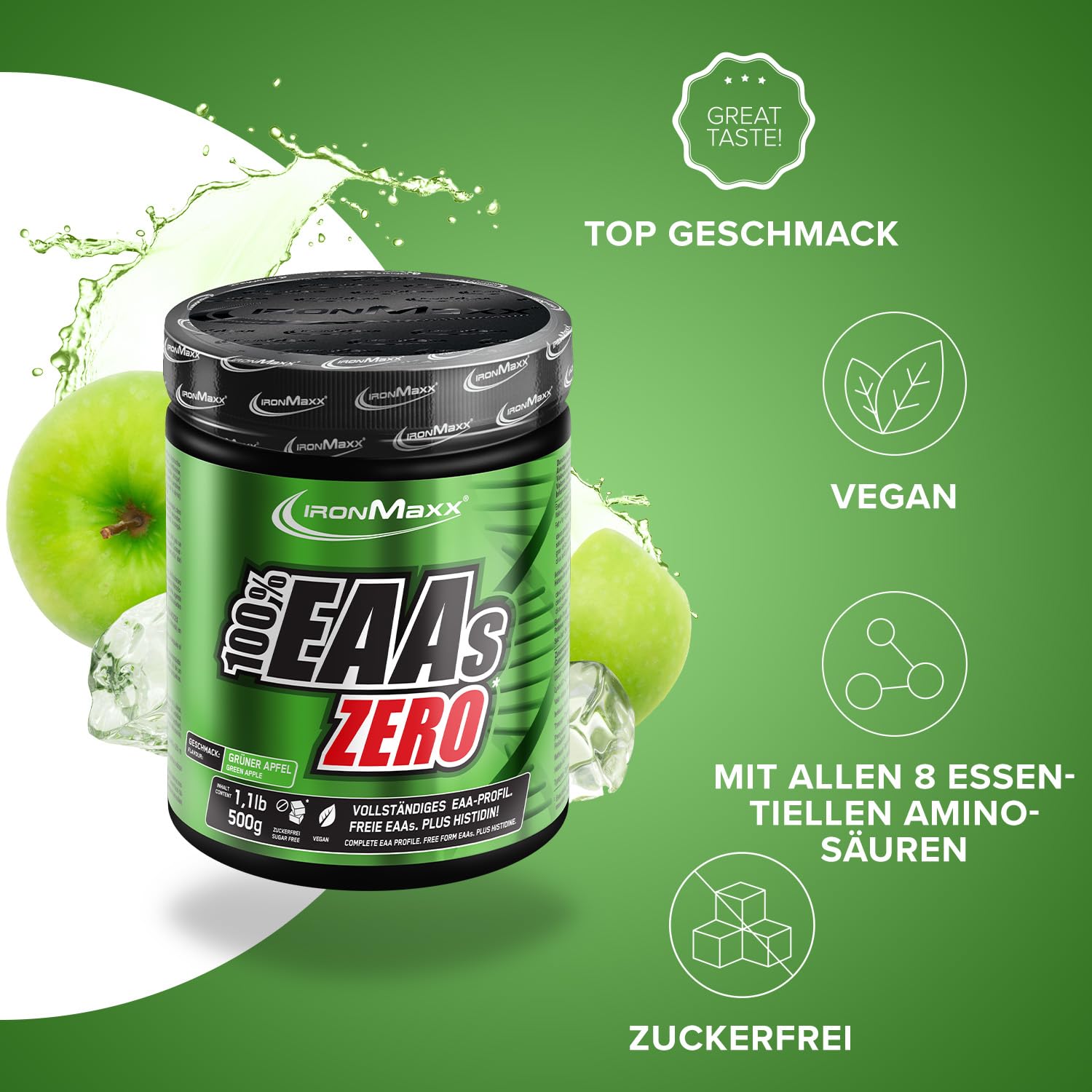 IronMaxx 100% EAAs Apple 500g - EAAs Pulver hochdosiert, Vegan und zuckerfrei, 8 essentielle Aminosäuren zur Ergänzung deiner Sporternährung
