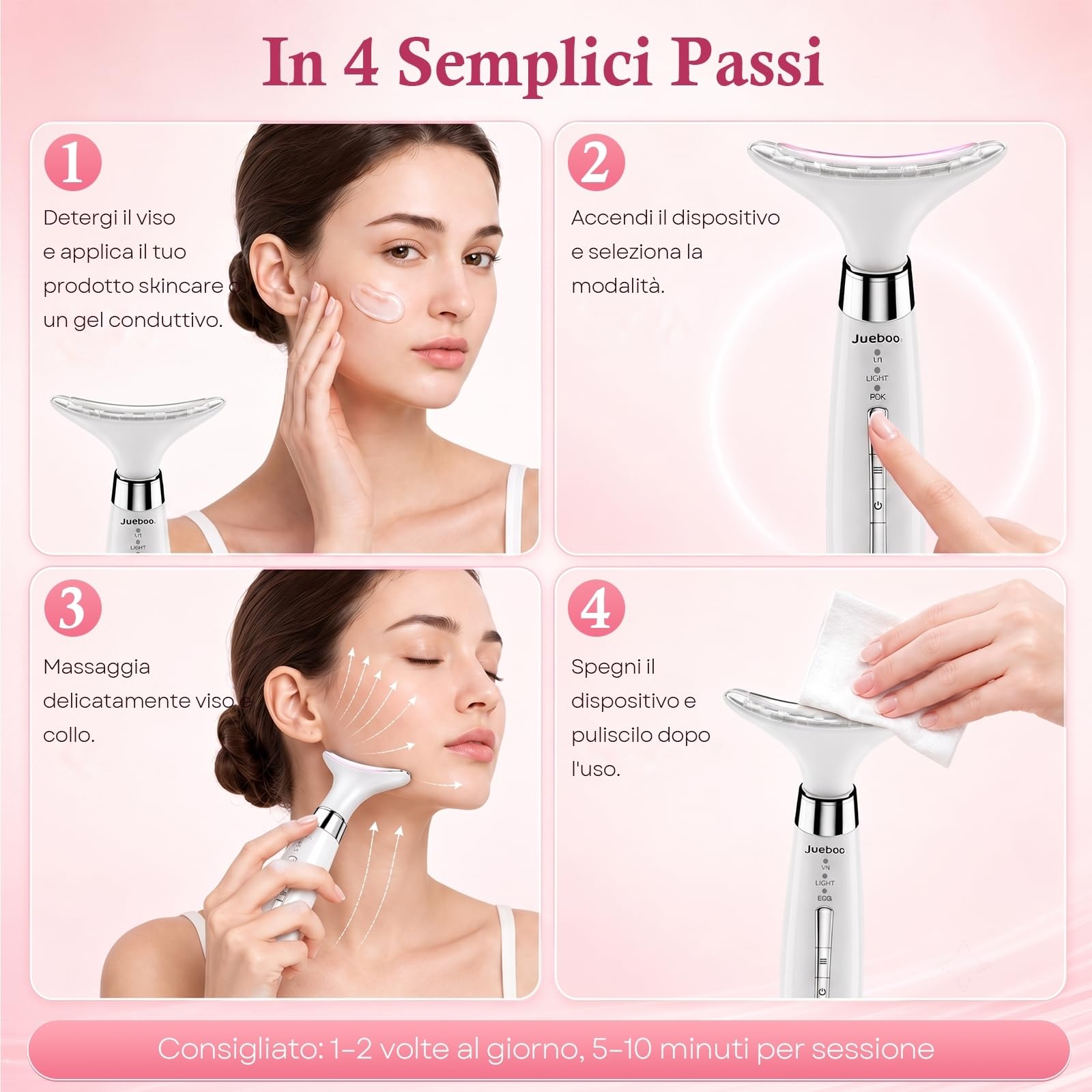 Massaggiatore Viso Lifting Antirughe Elettrico: 4-in-1 Apparecchio Massaggio Viso con 4 Testine Intercambiabili, Luce LED 3 Modalità, Calore 45°C, Massaggio Vibrante per Viso e Collo, per Uomo e Donna