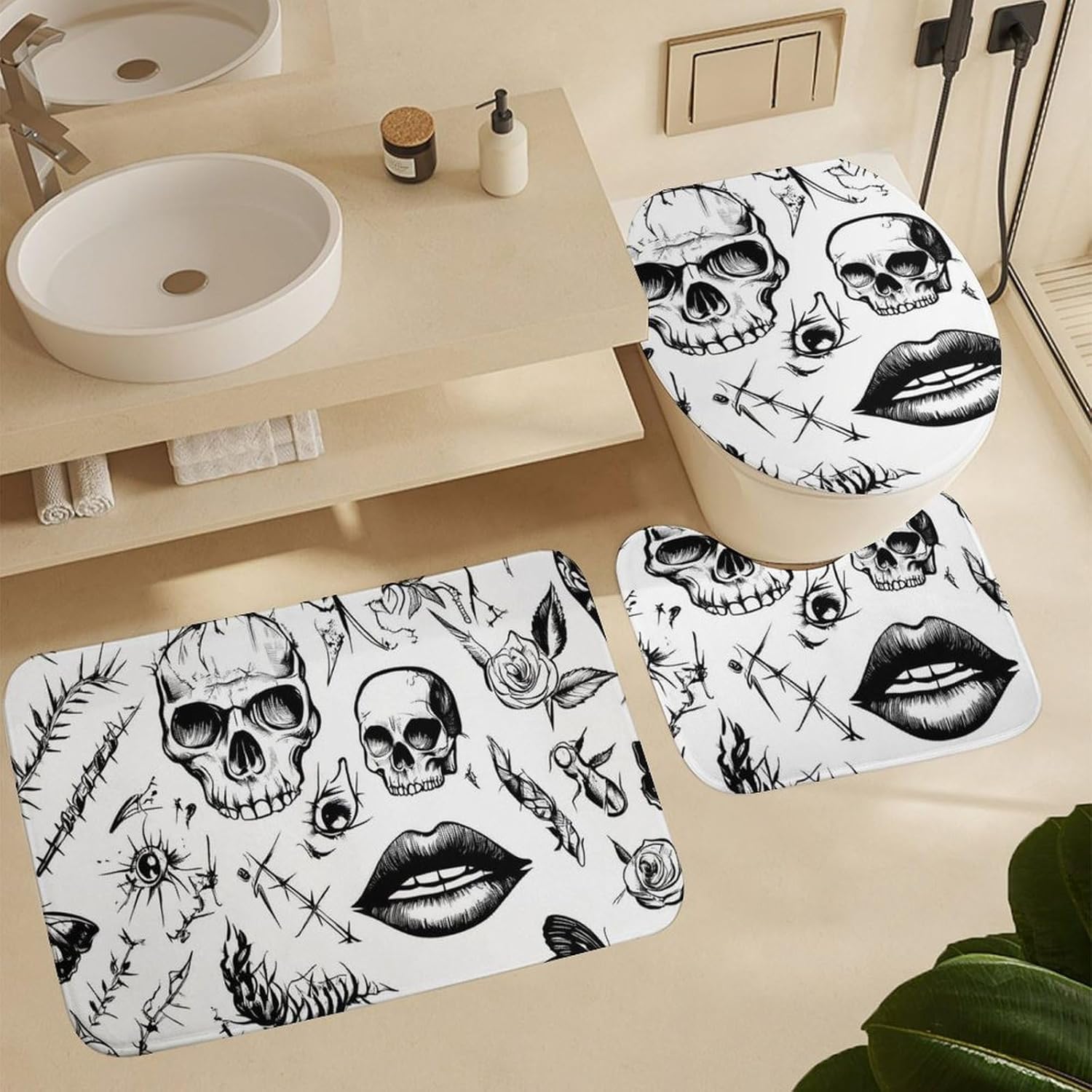 Thorn Skulls Roses Patch Eyes Modern Bathroom Sets with Shower Curtain and Rugs Decor 4 Pcs with 12 Hooks