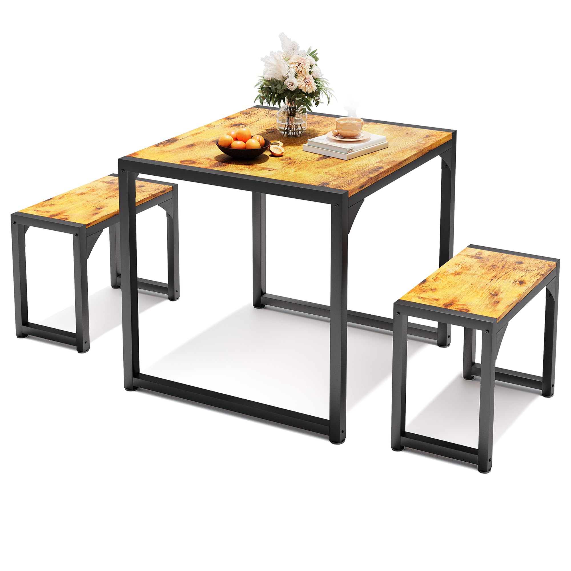 Esstisch mit 2 Bänken, 3-teiliges Esstisch-Set, Küchentisch 65x65x76cm, 2 Bänke je 30x50x45cm, kompaktes Esstisch-Set aus Metallrahmen für Küche & Esszimmer, Retro