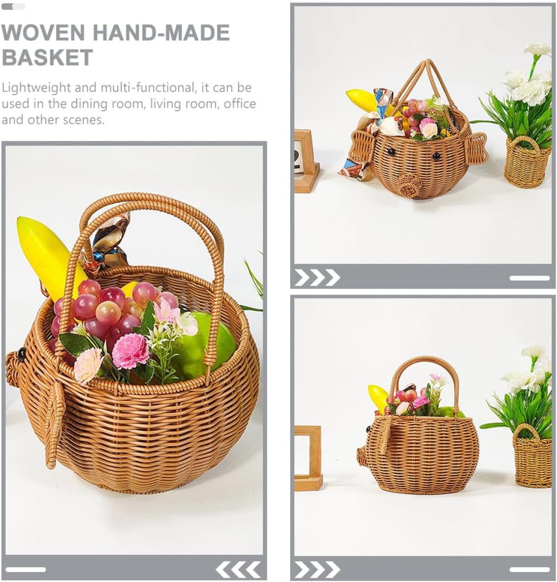 Cartoon Pig Woven Storage Basket with Handle for Home Organization image 4