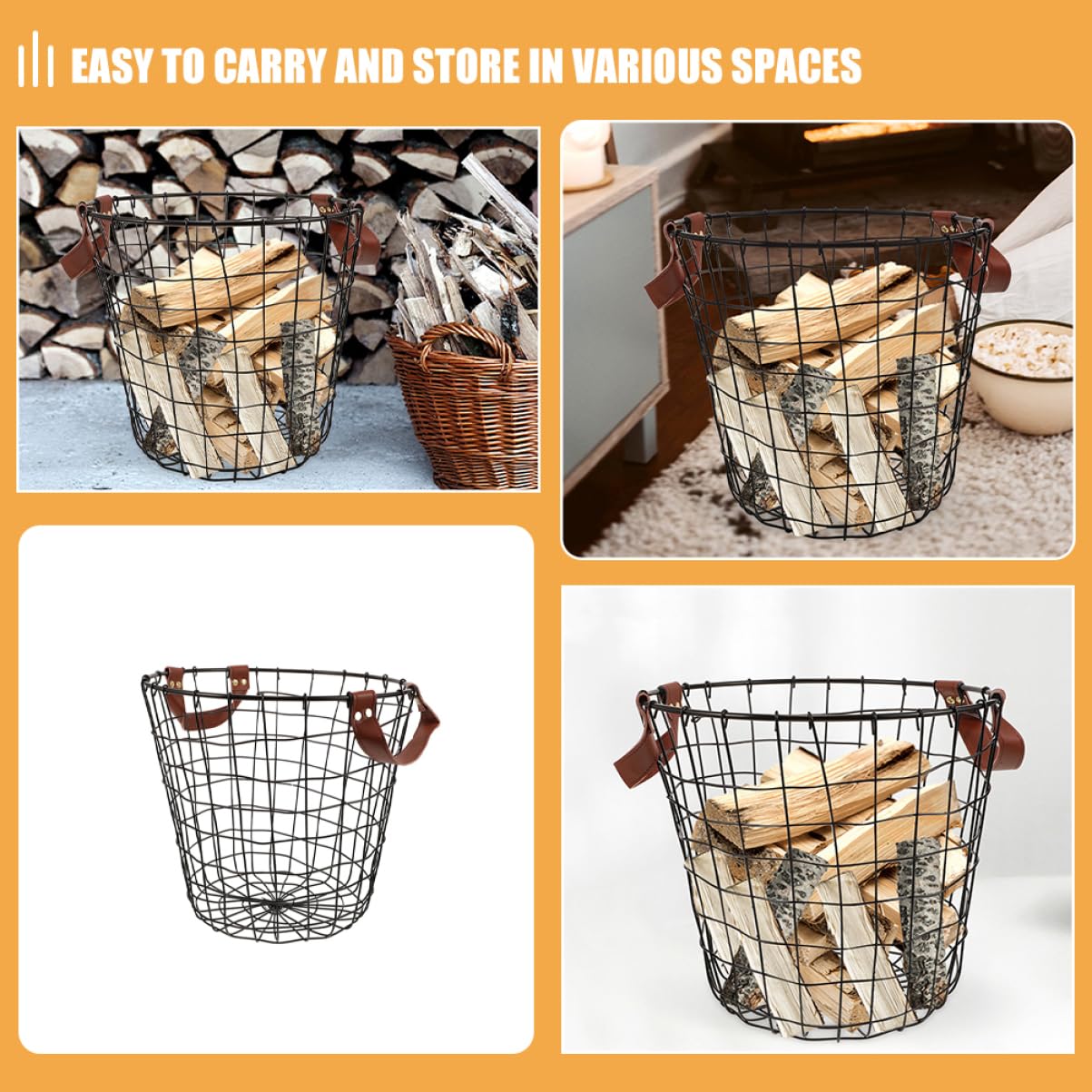 Yardwe Cesto Rotondo per Legna da Ardere Stile Rustico in Ferro Grande Capacità con Manico per Barbecue All'aperti e Uso Domestico