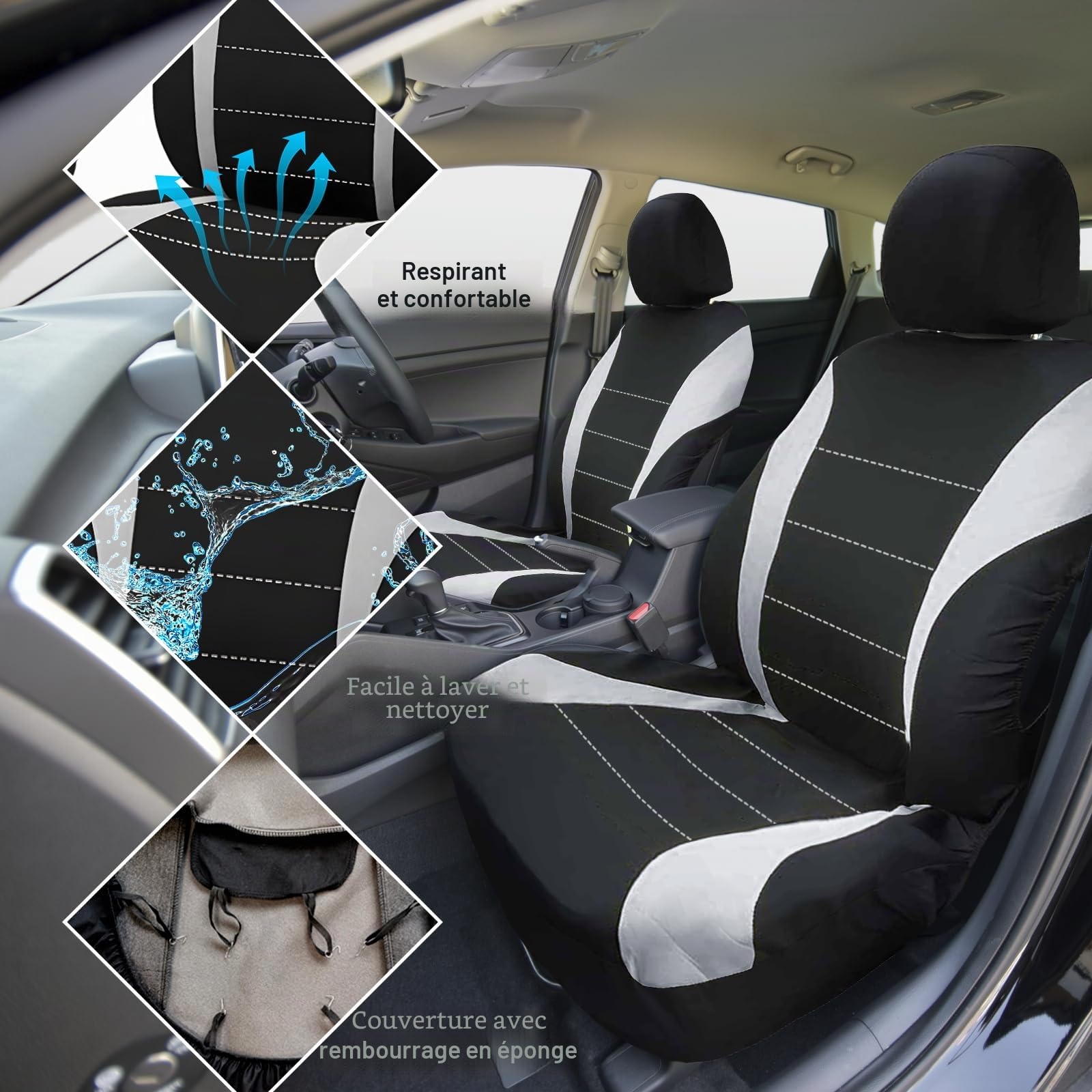 Lot de 2 housses de siège de voiture avant - Respirantes - Universelles - Gris