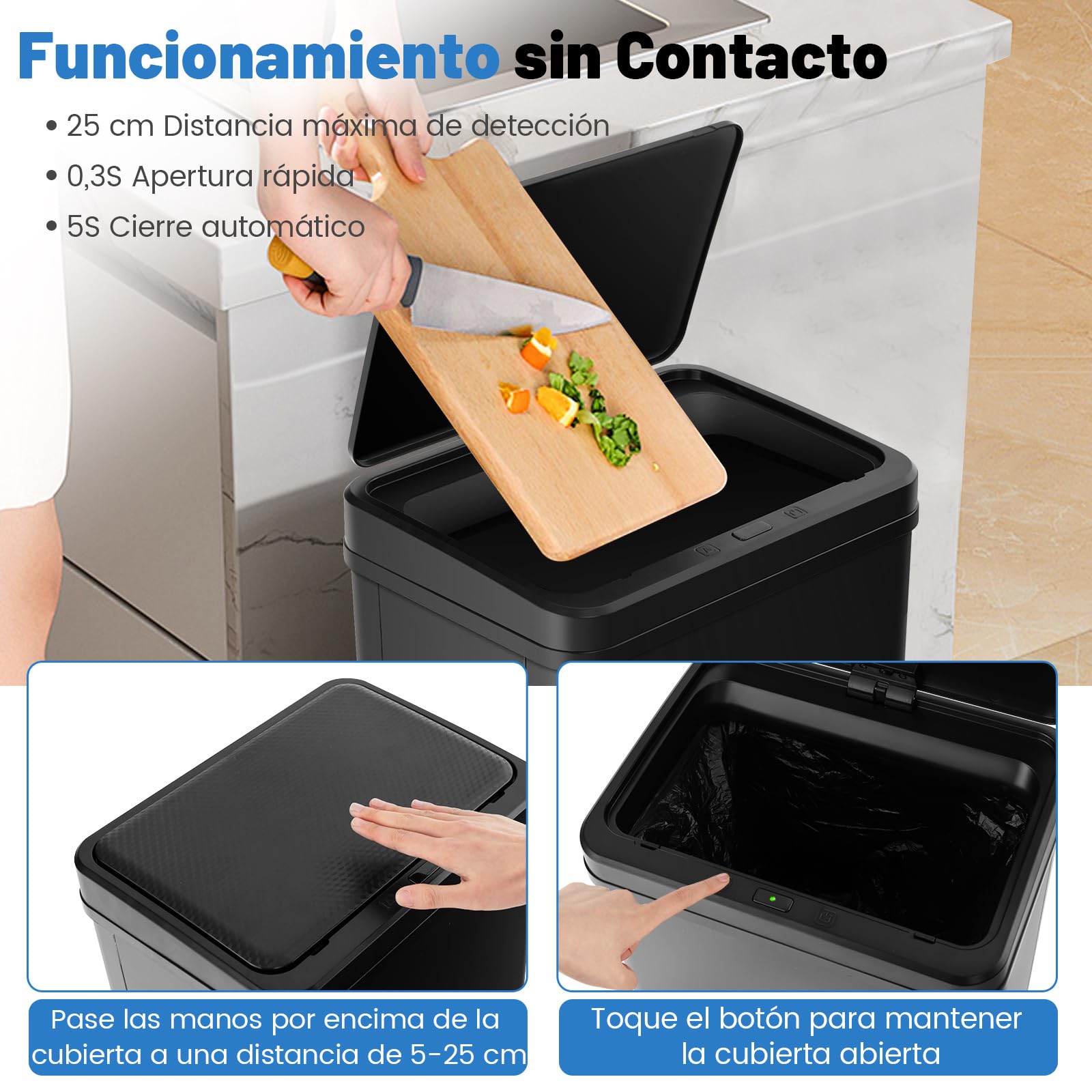 COSTWAY Cubo de Basura Cocina 50 L, Papelera Cocina Inteligente con Sensor de Movimiento Automático, Patas Desmontables, Cubo Basura de Metal de Diseño Elevado, para Cocina, Oficina (Negro)