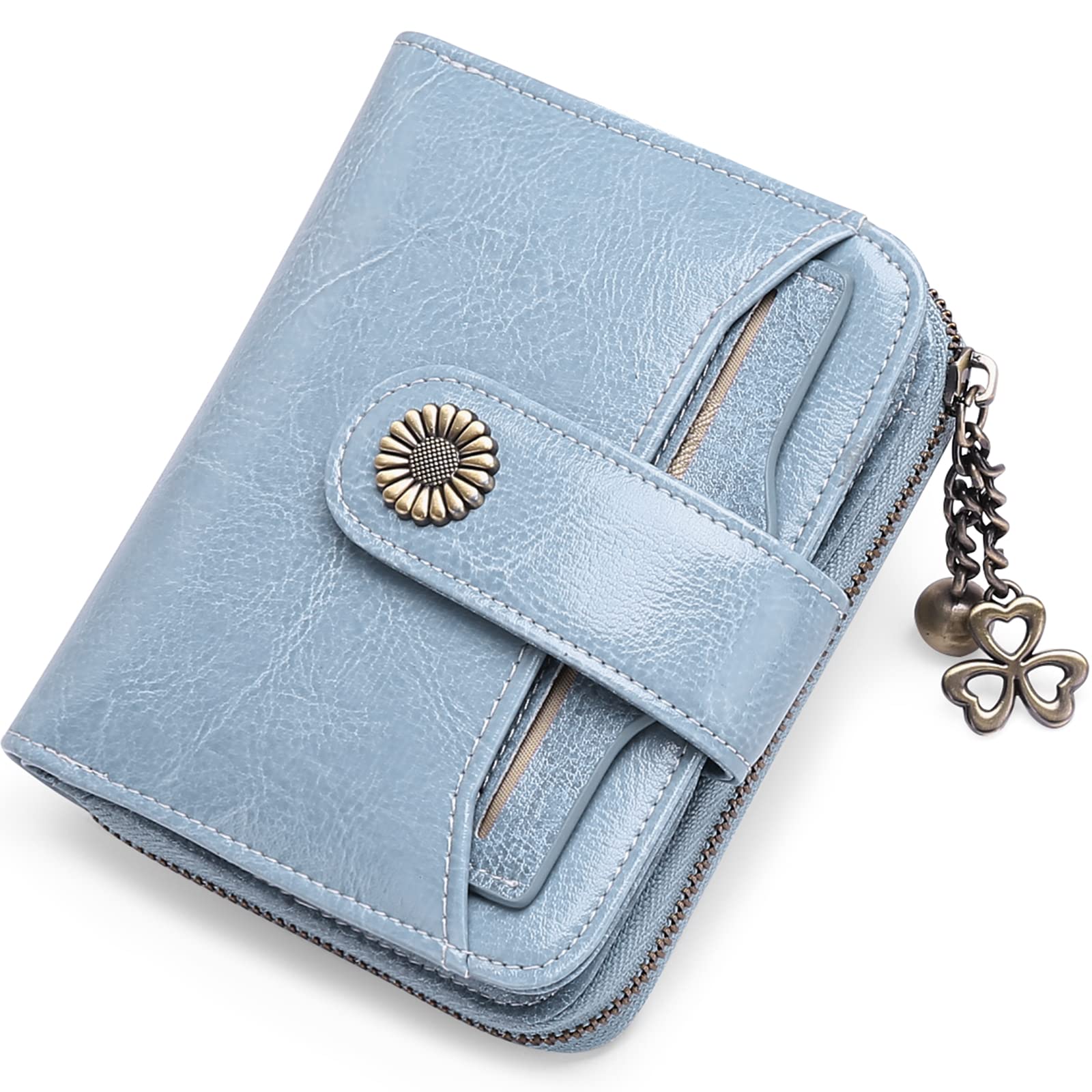 SENDEFN Women's Small Wallet, Women's Genuine Leather, with Coin Compartment, Small Zip, Wallet, Card Holder with RFID Blocker, Ah-Light Blue, 12*10*3cm, Modern