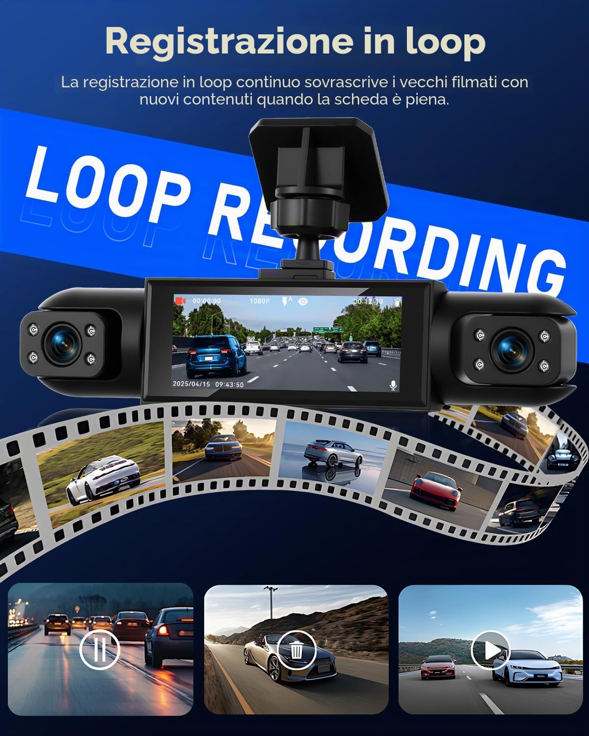 NHOPEEW Dashcam a 4 canali anteriore e posteriore per auto con display da 3,16 pollici - Dashcam a 360° con supporto 8R, visione notturna, registrazione in loop e rilevamento del movimento