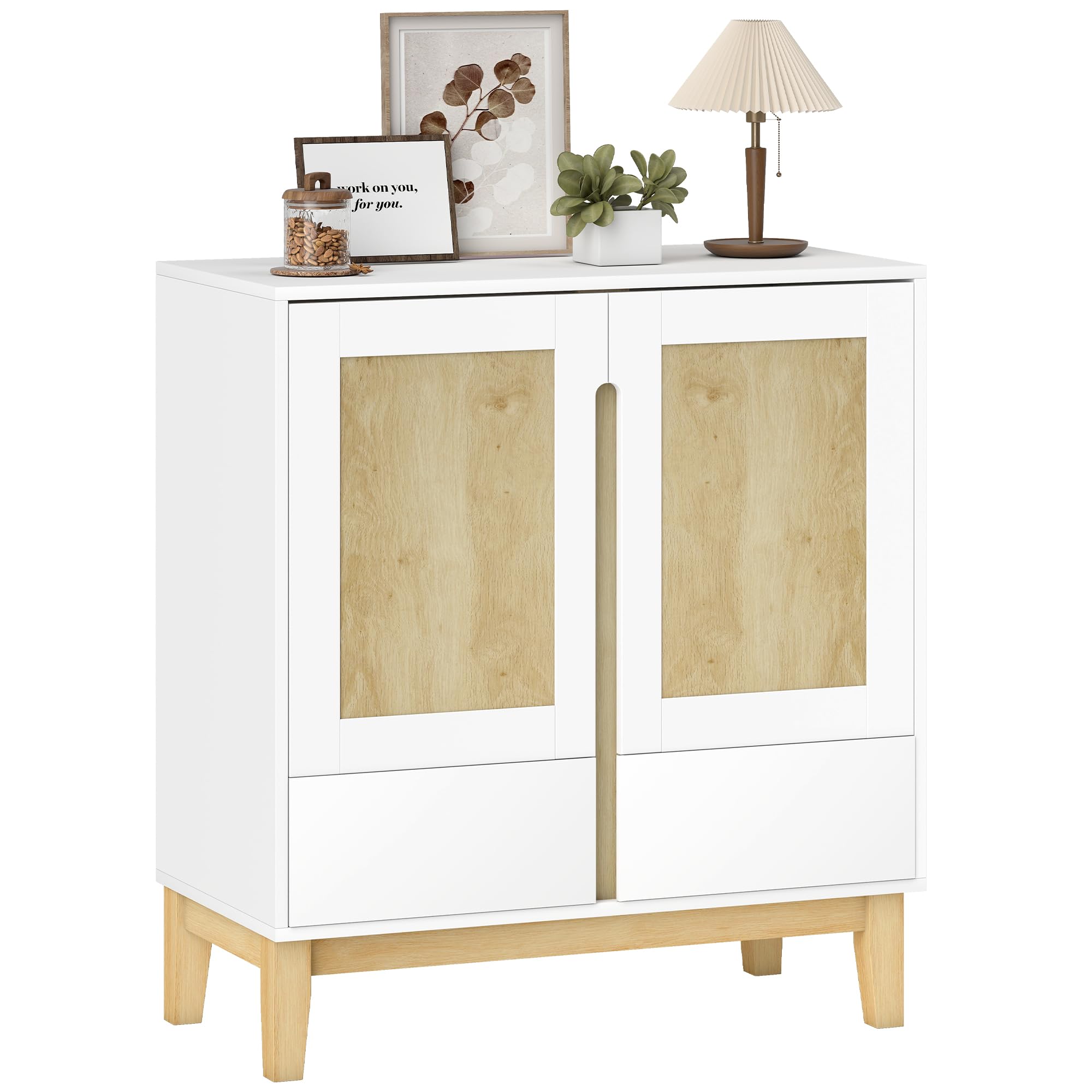 HOMCOM Buffet 2 Portes 2 Tiroirs Nordique 80 x 40 x 86 cm Blanc et Chêne | Meuble de Rangement, Étagère Réglable, Pieds en Bois de Caoutchouc, Buffet Salle à Manger, Cuisine et Salon