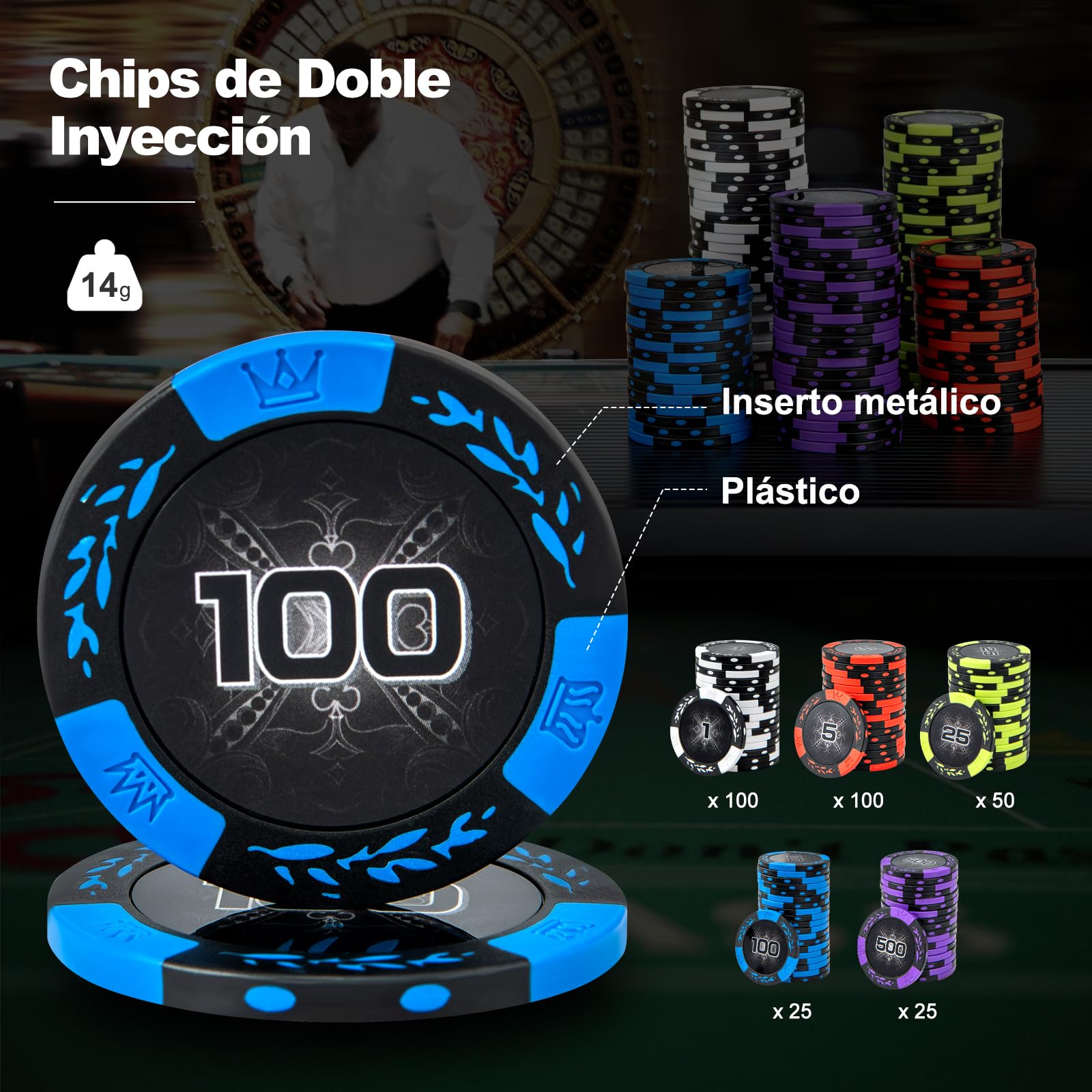 RELAX4LIFE Valigetta da poker in alluminio con 300/500 fiches da poker laser numerate/2 set di carte da poker/5 dadi/3 pulsanti del mazziere, (300 Chips)