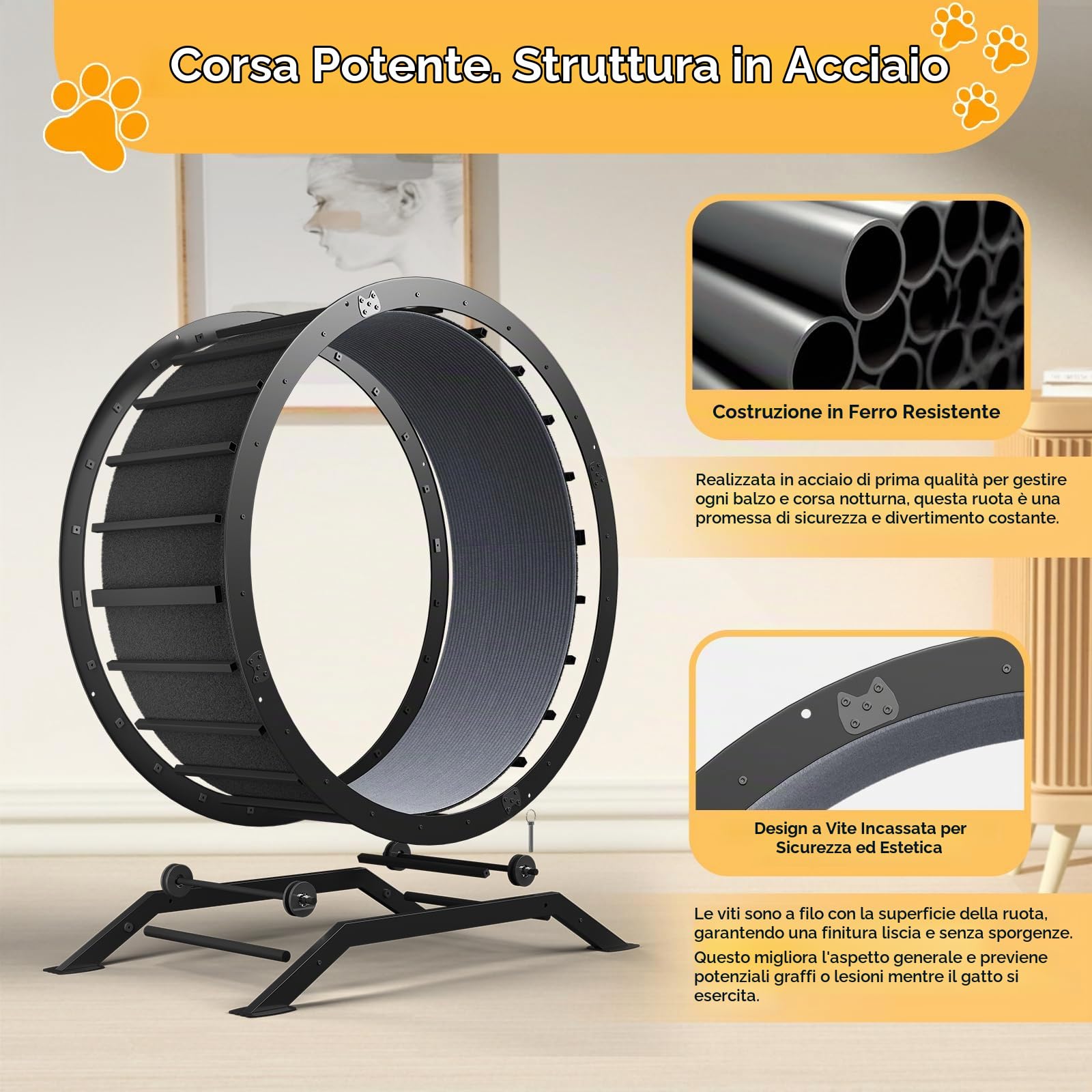 GTPLAYER Ruota per gatti, ruota per esercizi per gatti, XL- 100 cm, ultra silenziosa con tappetino rimovibile, adesivi, sistema di bloccaggio, metallo, nero, regali per il vostro gatto
