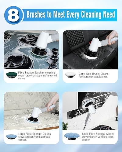 Miniatura 6 de Depurador eléctrico giratorio de baño, limpiador de ducha inalámbrico con mango ajustable, 2 velocidades, depurador de baño con 8 cabezales de