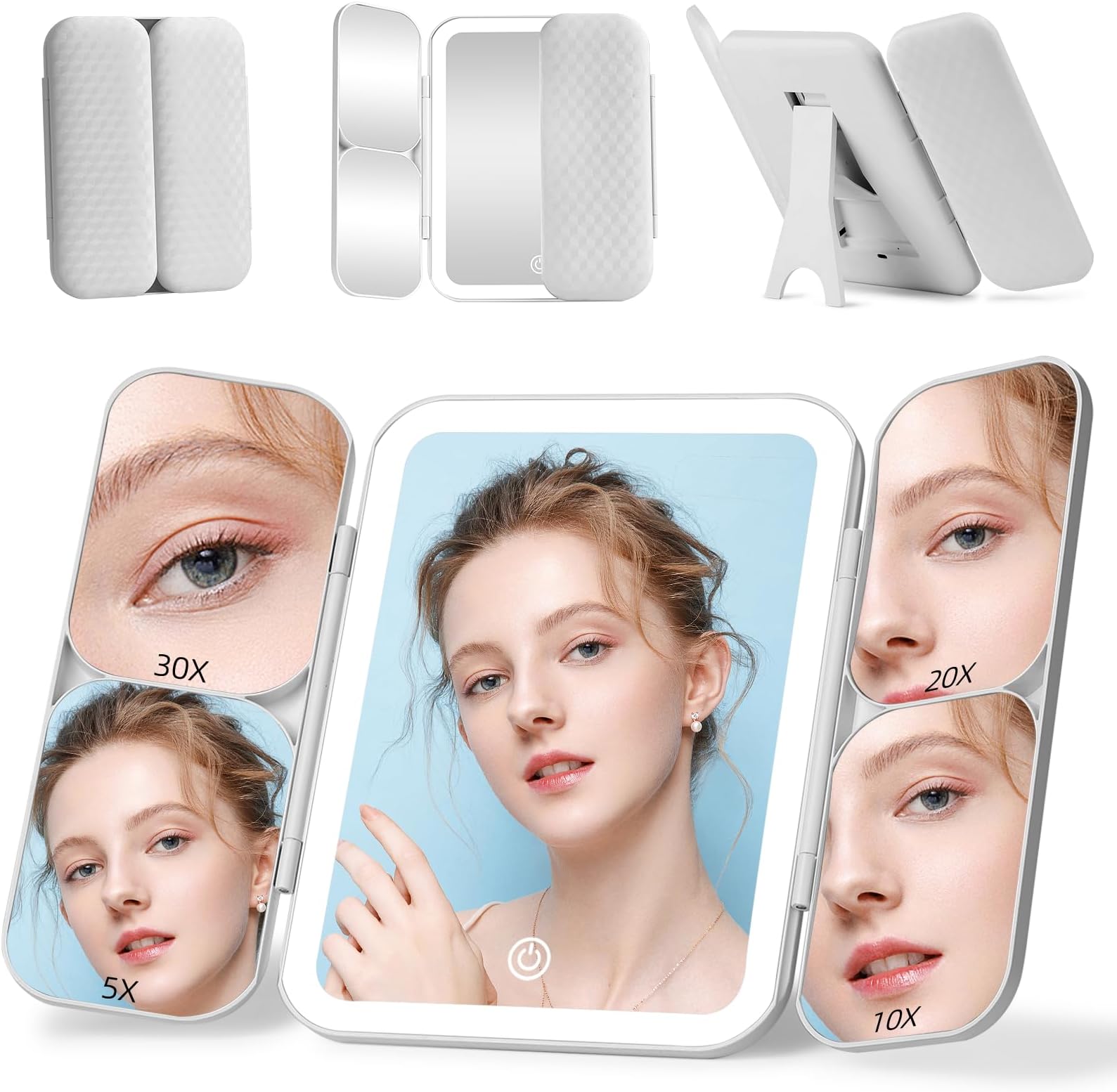5-in-1 Lighted Makeup Mirror, Actress Mirror, Three-sided Mirror, 1x Full Face Mirror and 5/10/20/30x Magnification Mirror, Tabletop Mirror, Foldable Desktop Mirror, Stylish, Makeup, 3 Light Color