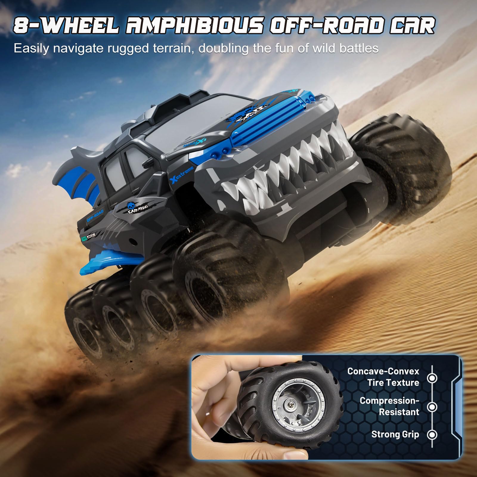 Voiture télécommandée amphibie 8WD Tout Terrain – RC Monster Truck étanche pour Terre & Eau, 2 Batteries modulaires, 2.4GHz, Cascades 360°, Voiture radiocommandée Monstre dès 8 Ans