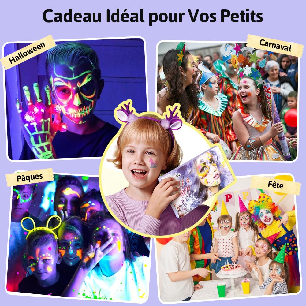 Janolia Palette Maquillage Enfant, 34 Couleurs Fluorescents UV Peinture Visage Enfant avec 3 Pinceaux, Peinture Corporelle, Kit Maquillage Enfant pour Carnaval Halloween Cosplay Fête D'anniversaire