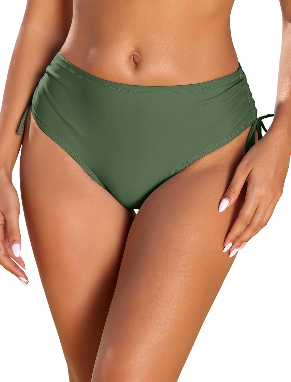 HUSKARY Women's Bikini Bottoms Full Coverage Mid Waisted Bathing Suit Swimsuit Bottom Side Tie Swim Briefs
