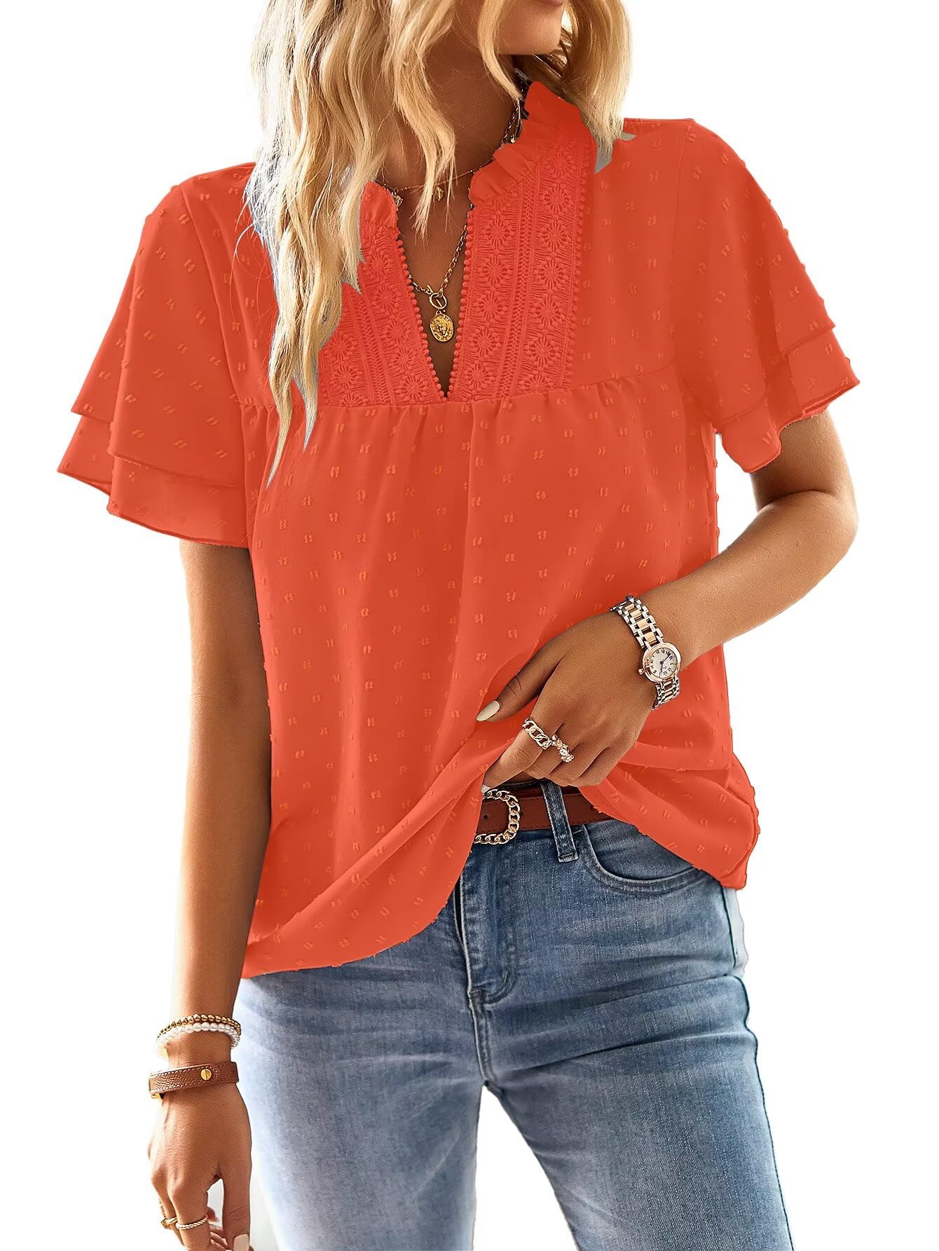 TUUHAW T Shirt Donna Elegante Manica Corta Magliette con Scollo a V Estiva Boho Camicia Casual Volant Abbigliamento Pizzo Top