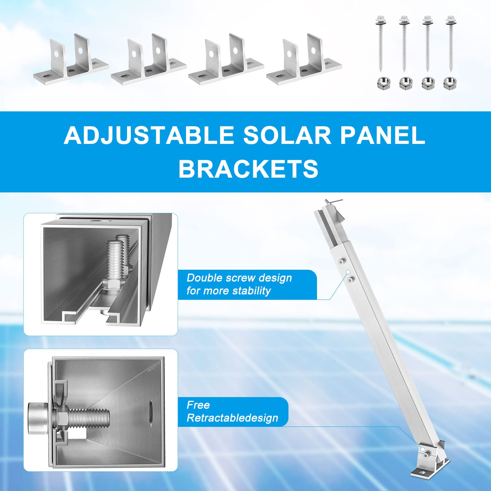 Staffe Per Pannelli Solari Diealles Shine - 4 Pezzi, Regolabili 0-90°, Per Pannelli Da 100W A 600W - 114 Cm