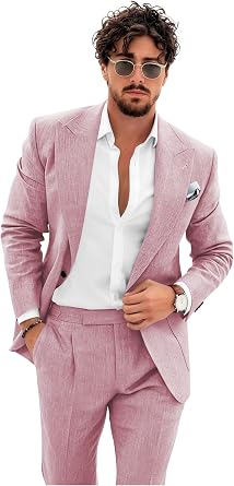 Wangyue Mens 2 Piece Linen Suit Slim Fit Beach Wedding Linen Suits for Men Casual Summer Prom One Button Blazer Pants