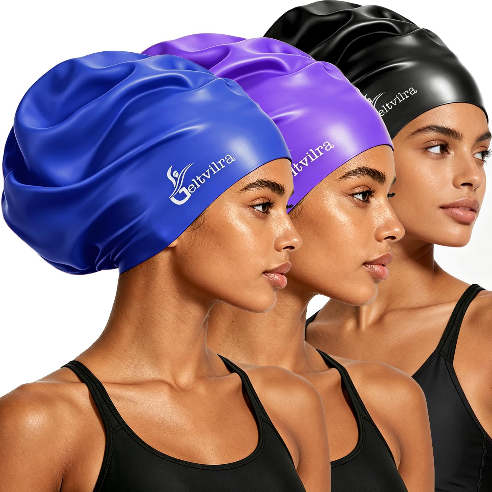3 Pack Extra Large Swim Caps for Braids and Dreads Locs Long Hair Black Women Men Swimming Silicone Waterproof Pool — image 1