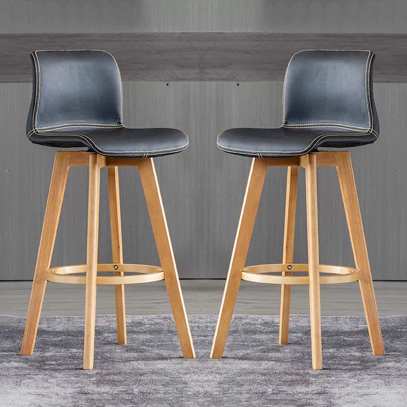 IUokLU Modern Faux Leather Bar Stool Adjustable Swivel Counter Height Bar Stool with Wooden Legs Stylish Bar Stools for Kitchen Island & Breakfast Bar Dining Room Furniture Khaki(Black-High:61CM)