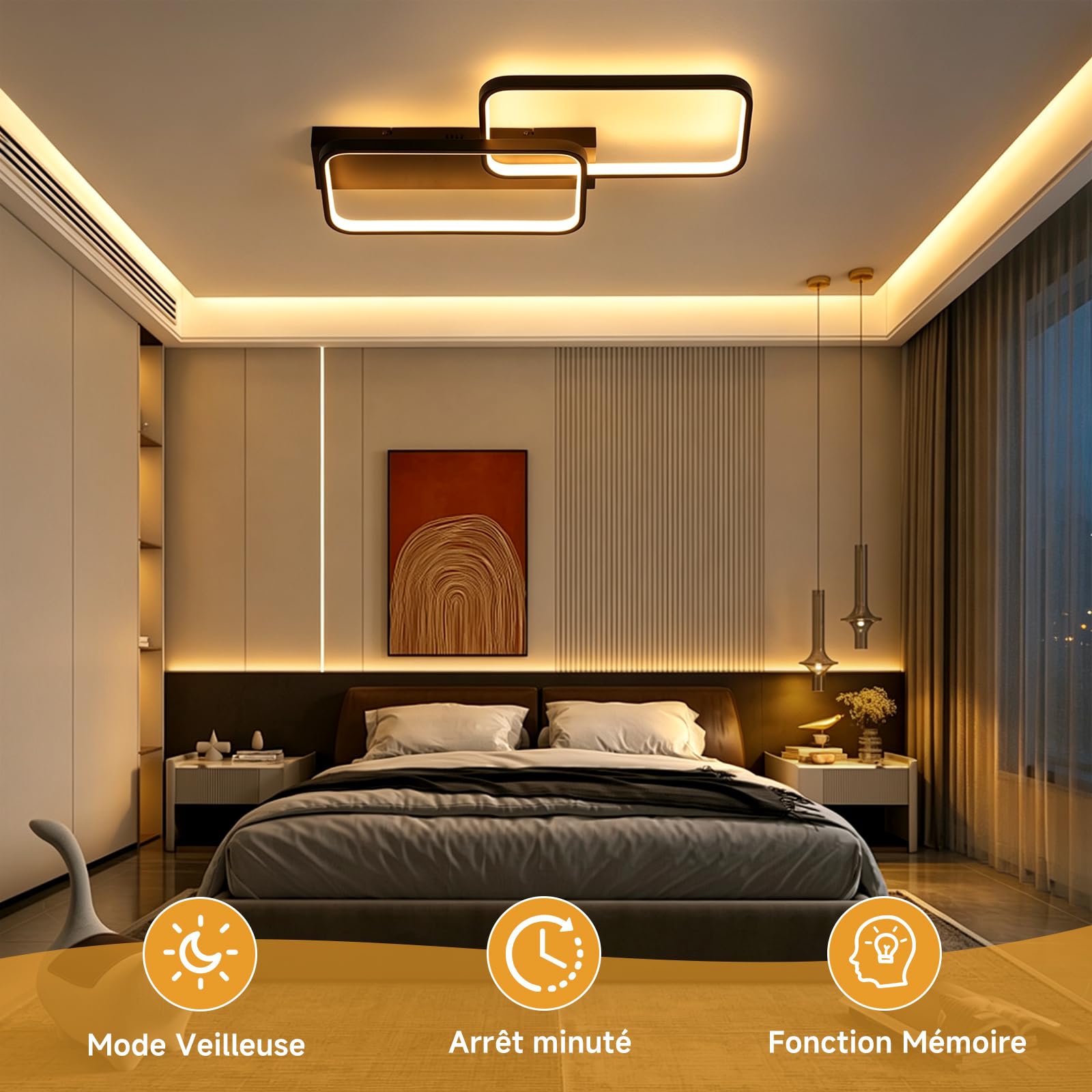 OTREN Plafonnier LED 40W 4000lm, Réglable avec Télécommande 3000K-6500K, Mémoire et Verrouillage, Lumière Nocturne et Minuteur pour Salon, Chambre, Cuisine,61cm Noir