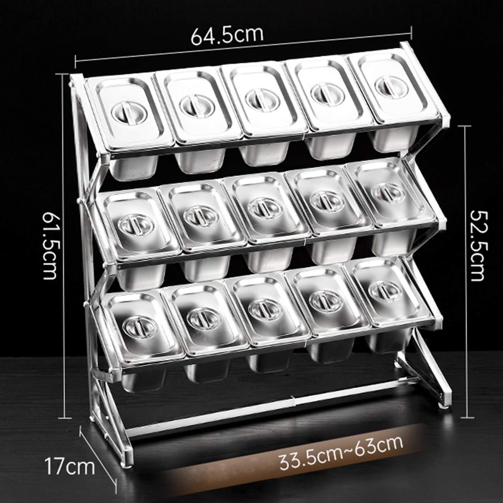 Étagère à épices extensible en acier inoxydable pour condiments commerciaux, récipient d'assaisonnement de buffet de cuisine, ingrédients, confitures, fruits, distributeur de nourriture (15