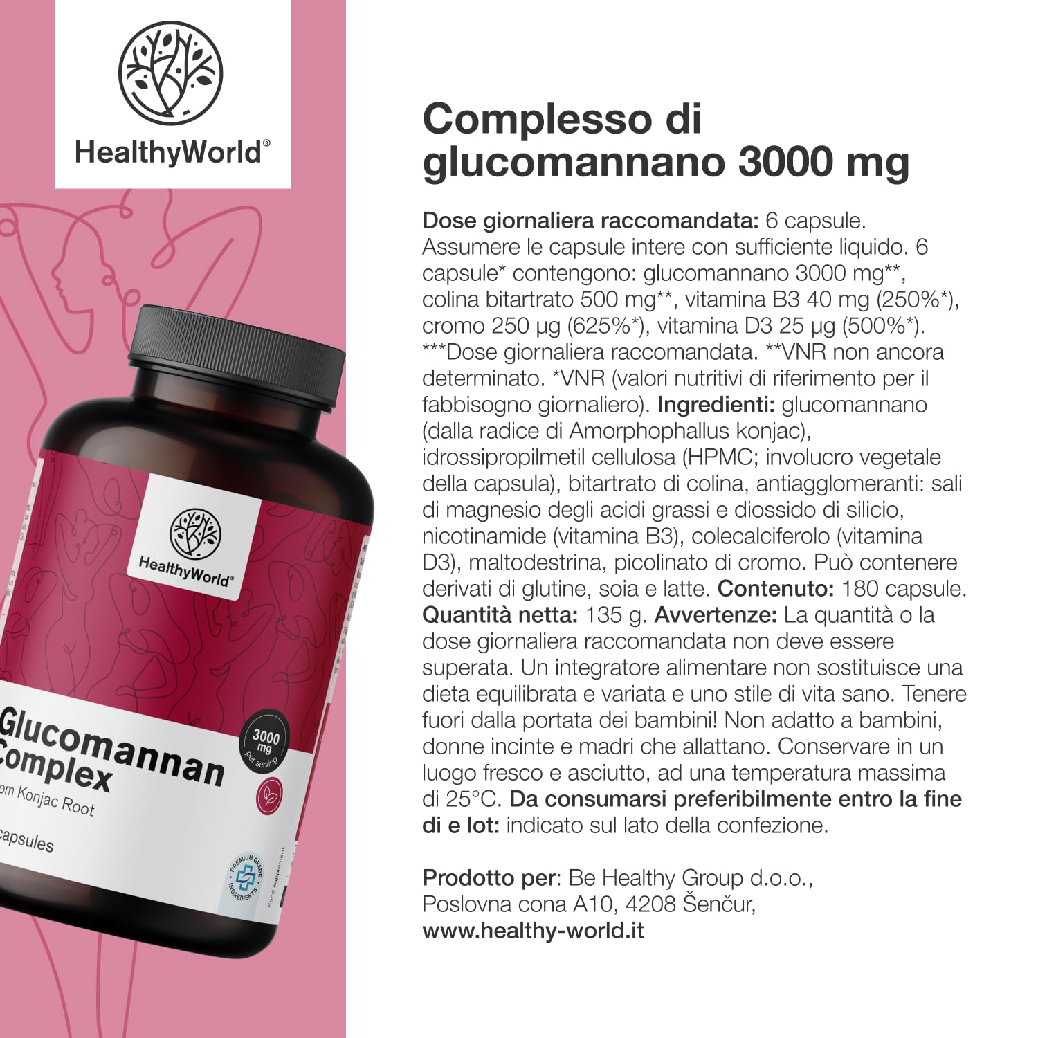 HealthyWorld Complesso di glucomannano 3000 mg – Dalla Radice di Konjac - 180 capsule - Con aggiunta di Colina, Cromo, Vitamine D3 e B3 - Senza OGM - Scorta per 1 mese