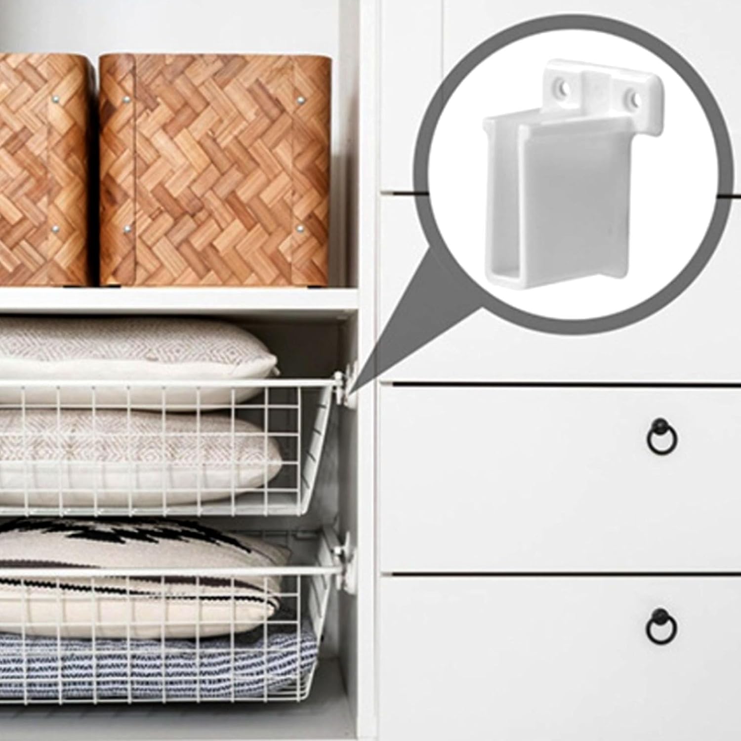 12インチのワイヤーシェルフブラケットセットアクセサリー。クリップ6個とエンドブラケット2個付き。安全なシェルフソリューションの設計