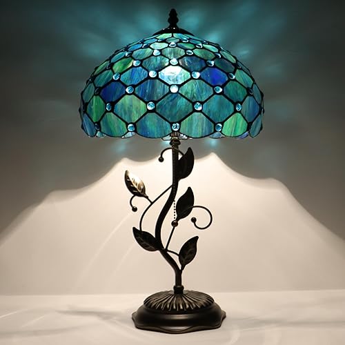 Miniatura 1 de Tiffany Table Lamp, Stained Glass Desk Light, W12H19 Inch, Metal Leaf Base (Sea Blue Pearl Style)