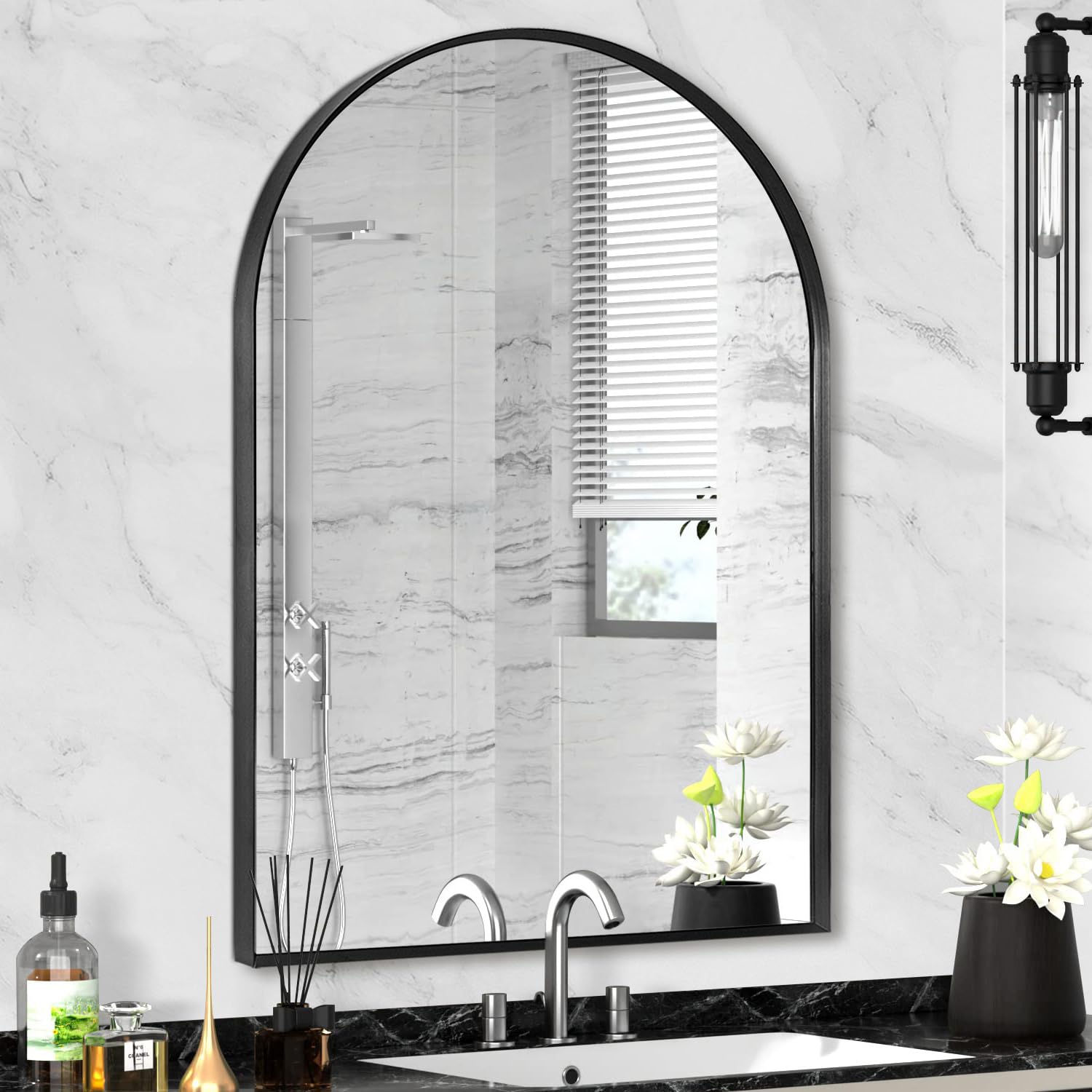 Black Arched Mirror 22x30in, Metal Framed Bathroom Vanity Wall