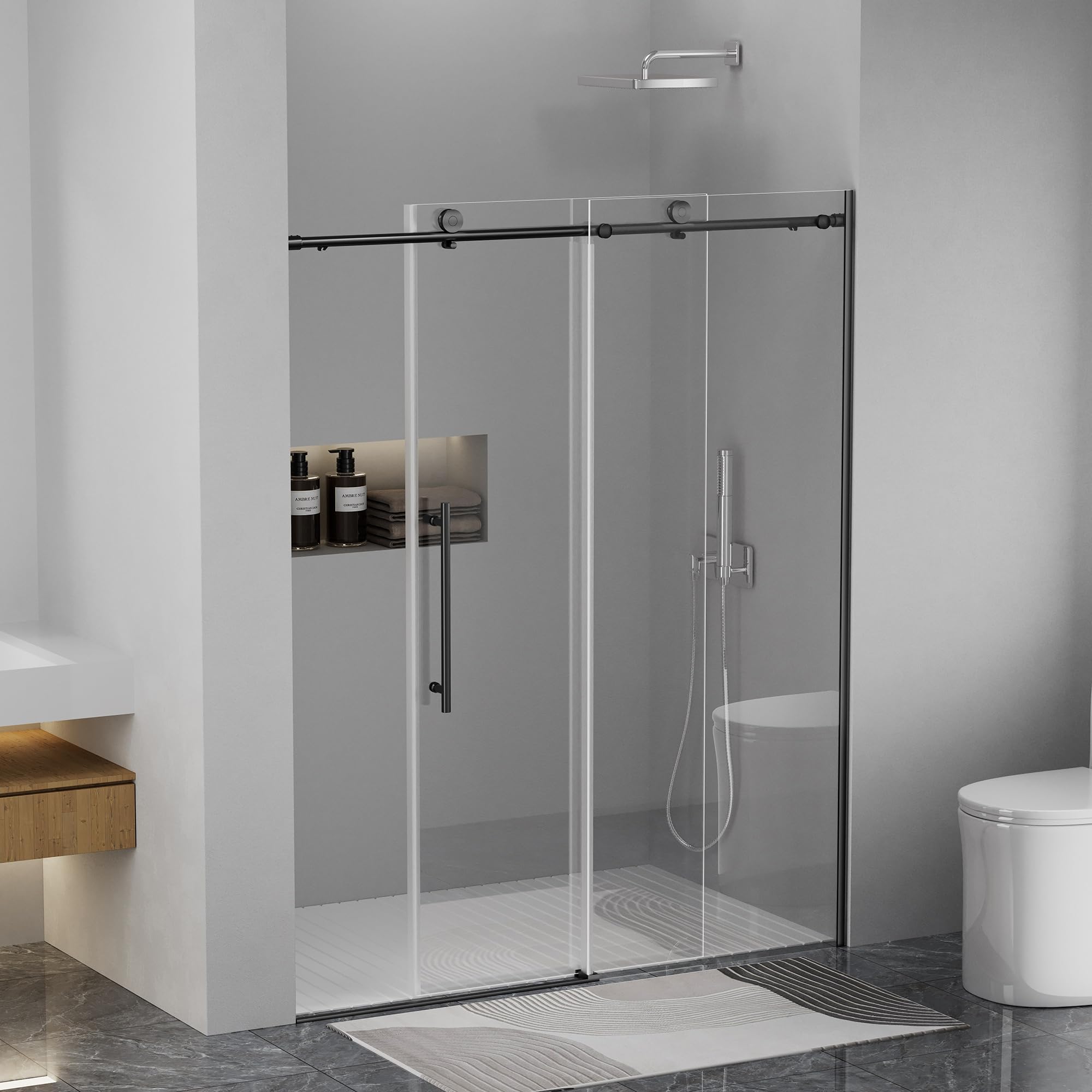 Frameless Sliding Shower Door 56-60 in W x 75 in H,Frameless Shower Door with 5/16" (8mm) Clear Tempered Glass,Silent Soft-Close Design,Matte Black