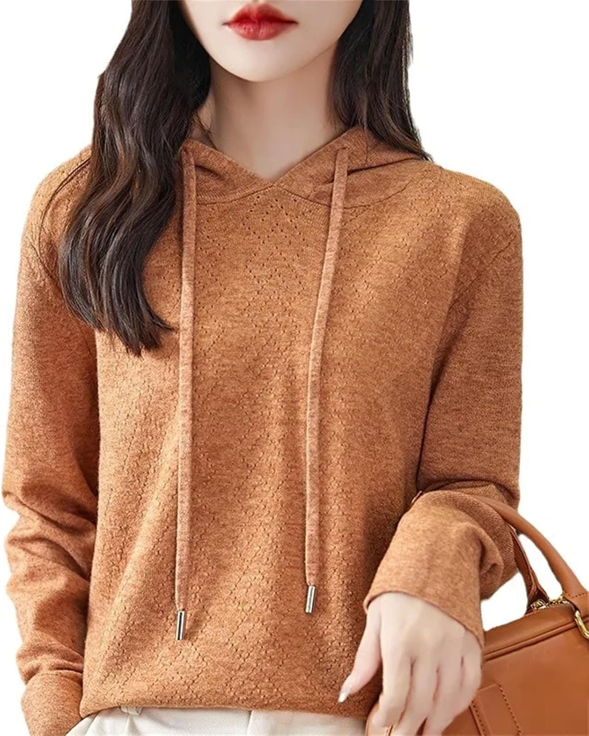 Women's Hooded Sweater Solid Color Hollow Pullover Casual Knitted Sweater