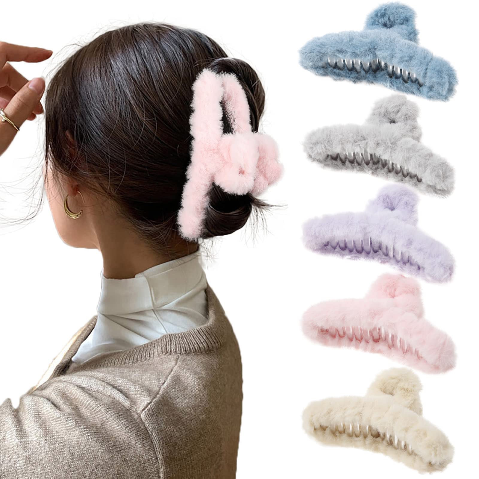 5PCS Large Claw Hair Clips for Thick Hair Big Fuzzy Hair Clips for Women Nonslip Strong Hold Hair Claw Clip (Plush (Blue+Grey+Pink+Purple+Beige))