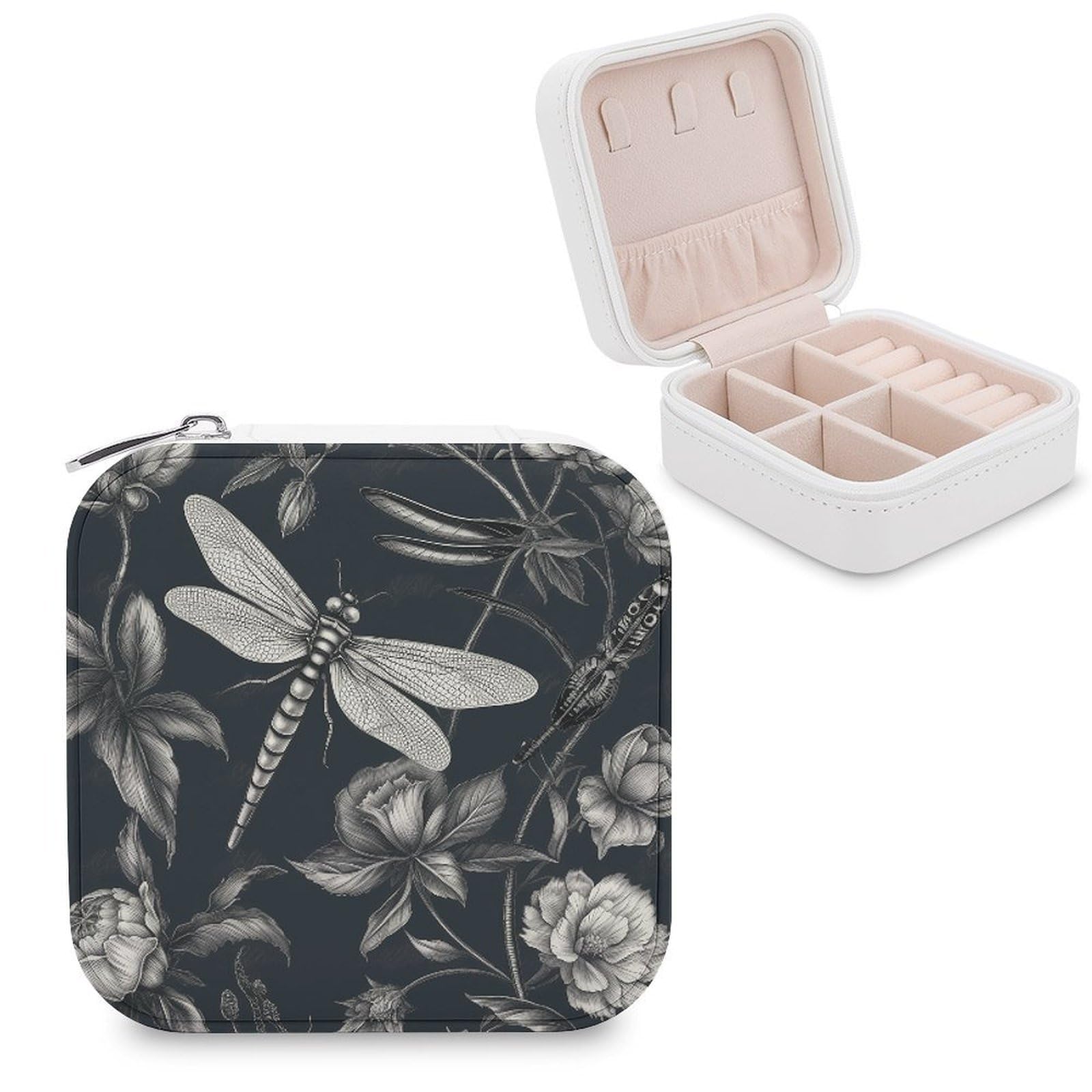 VstaDank Black Flowers And Dragonfly Travel Jewelry Case Zipper Portable Small Jewelry Box Custom Pu Leather Mini Traveling Jewelry Organizer for Rings Earrings Necklace Bracelet Girls Women