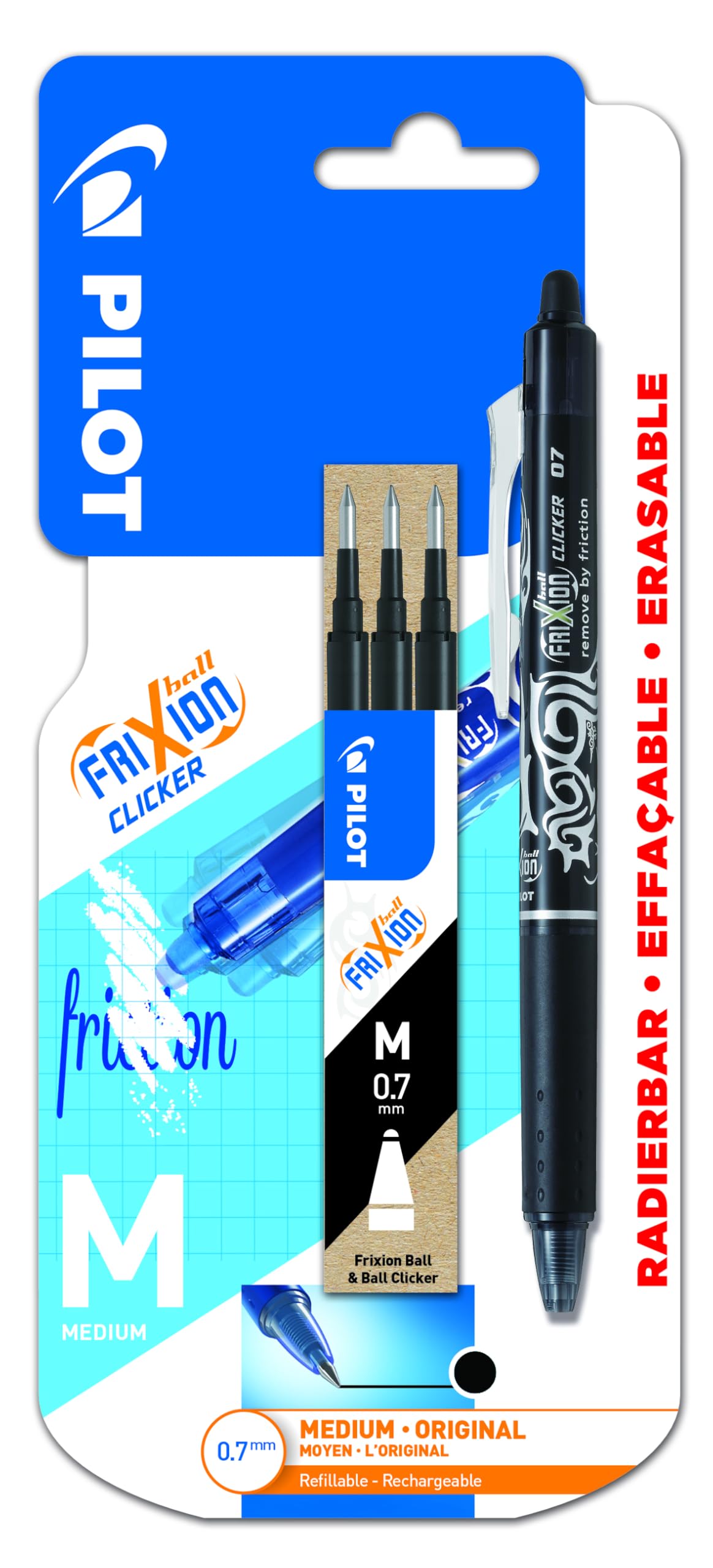Pilot Frixion Clicker Erasable Retractable Rollerball 0.7 mm Tip Pen with Three Refills - Black, Single Pen