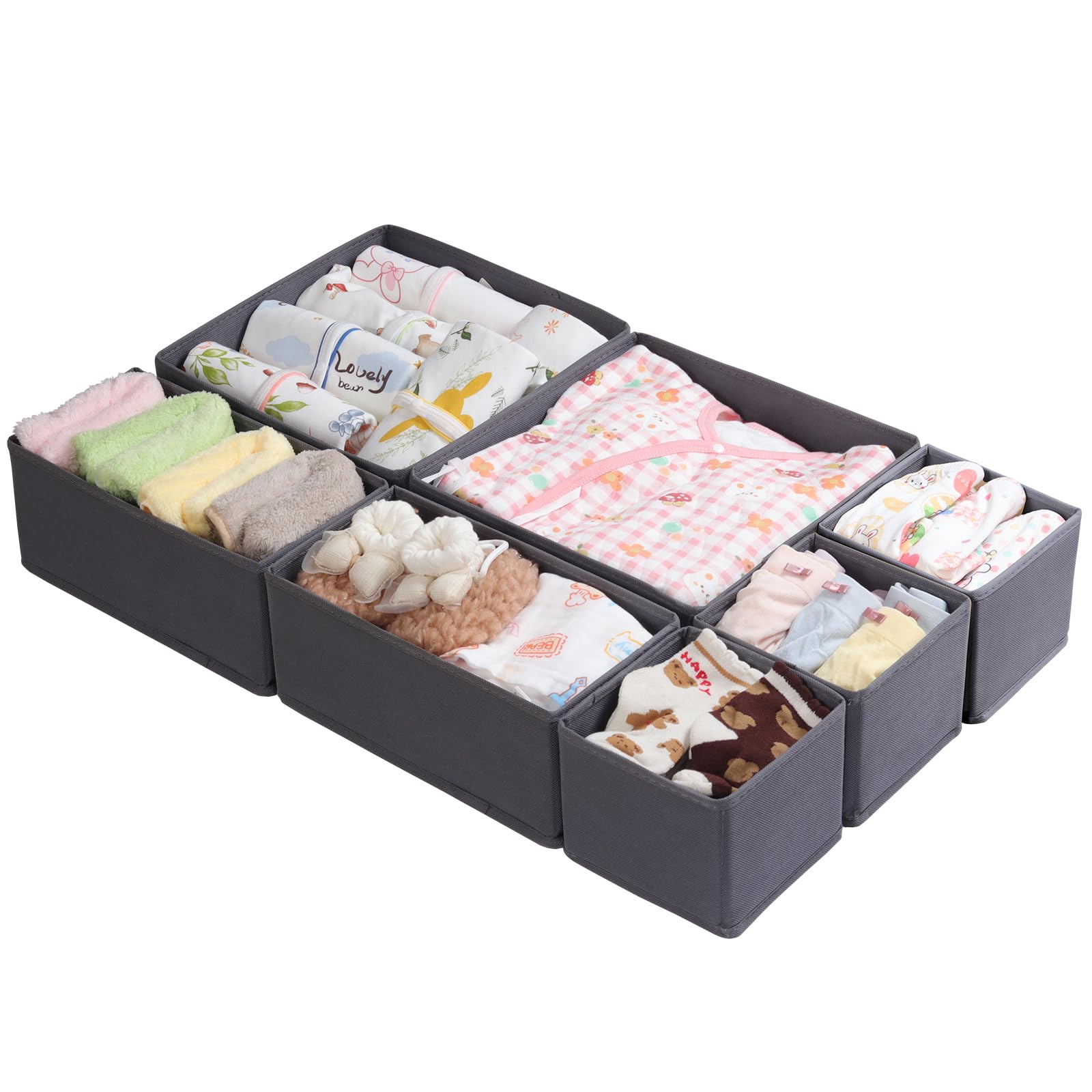 ORLISA Drawer Organiser for MALM Chest of Drawers, 7-Pack Clothes Drawer Dividers Set, Fabric Storage Boxes for Underwear, Socks & Baby Clothes, Foldable Wardrobe Organiser, 3 Sizes, Grey