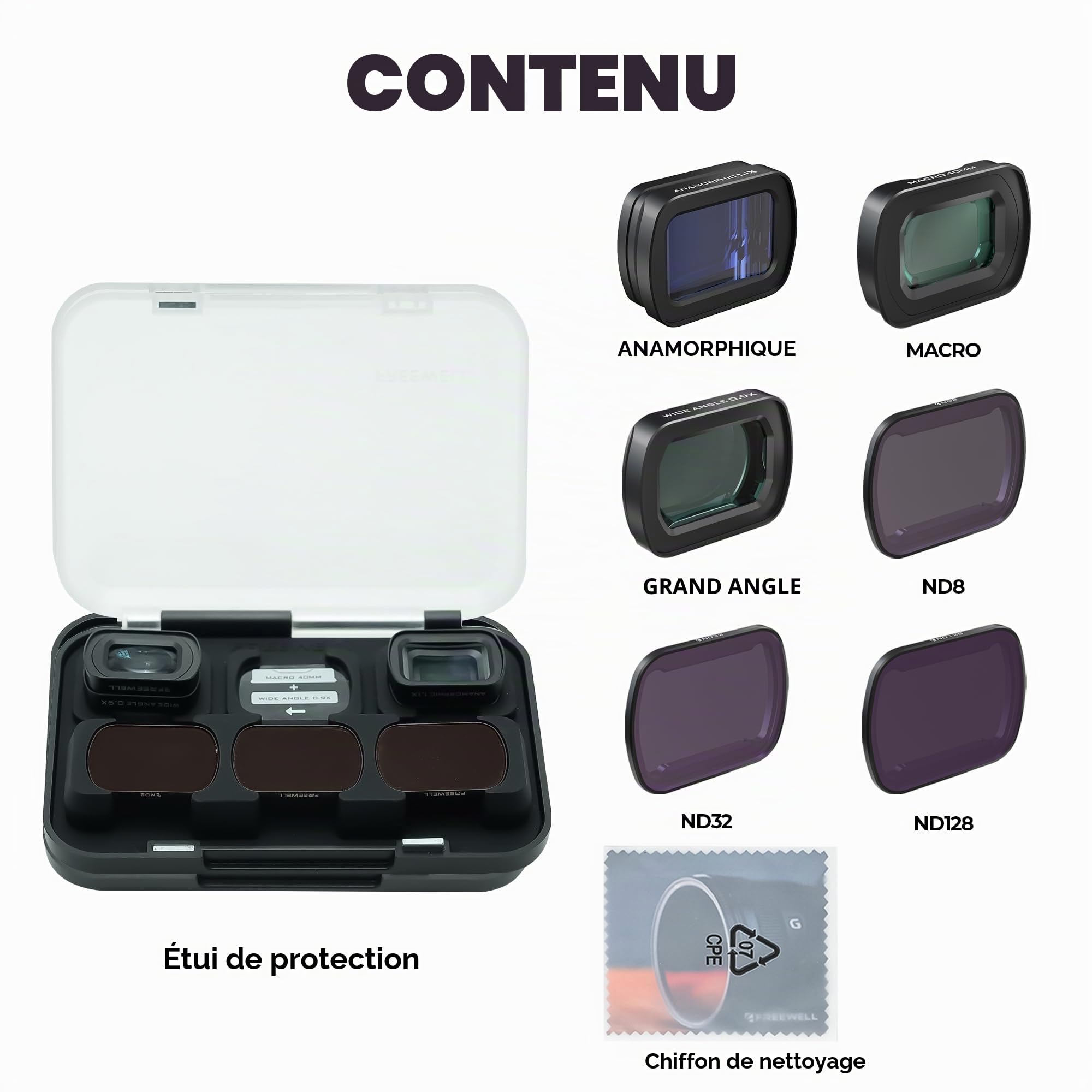 FREEWELL Kit d'objectifs Macro 2 en 1 40 mm et Grand Angle 0,9X pour Pocket 4/3 – Comprend Un Objectif anamorphique 1.1x, ND8/ND32/ND128 – Essentiels pour la Photographie cinématographique et la