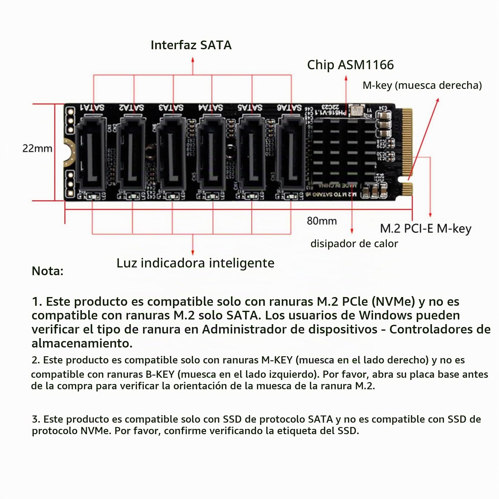 M.2 a SATA3.0, Tarjeta de Expansión, 6 Puertos Controlador SATa 3.0 Tarjeta de Expansión PCIe para Chip ASM1166, Tarjeta Adaptadora PCIE3.0 X2 16 Gbps, SATA3.0 6 Gbps X 5 Compatible con 6 Dispositivos