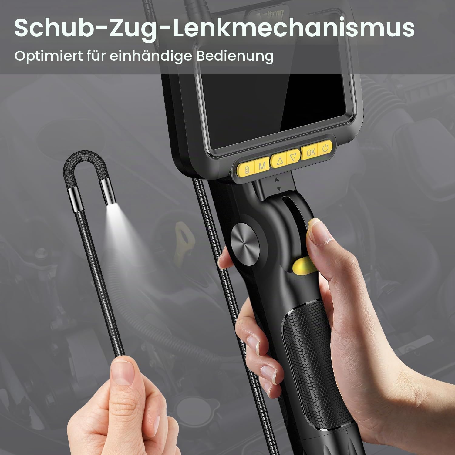 Endoskopkamera Beweglichem Kopf 180° Bidirektional | Endoskopkamera mit Licht 6.2mm Sonde, 1.5m Selbstrückstellender Schlauch, 5" IPS Display | Rohrkamera für Motor/Industrieinspektion