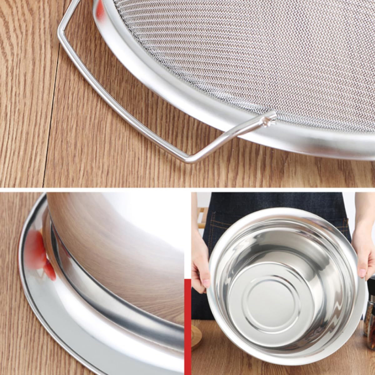 Colador Doble de Inoxidable de Acero Asa para Malla Cocina | Plata, Lavado y Filtrado de Arroz, Uso en Hogar Verduras y Frituras Pequeñas