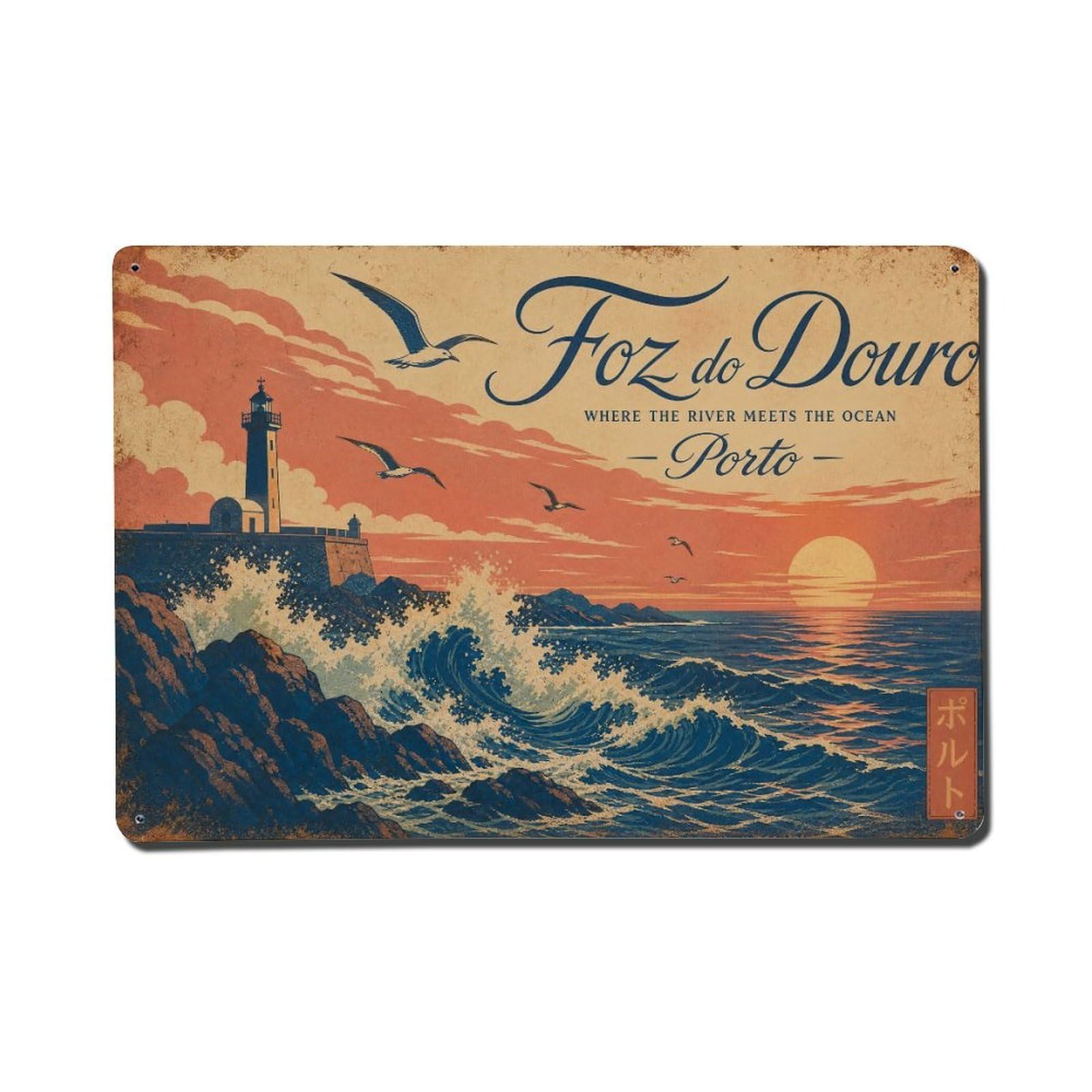 Yrnq 08X12inch Vintage Style Vintage Foz Atlantic Ocean Lighthouse Sunset Portugal Metal Tin Sign