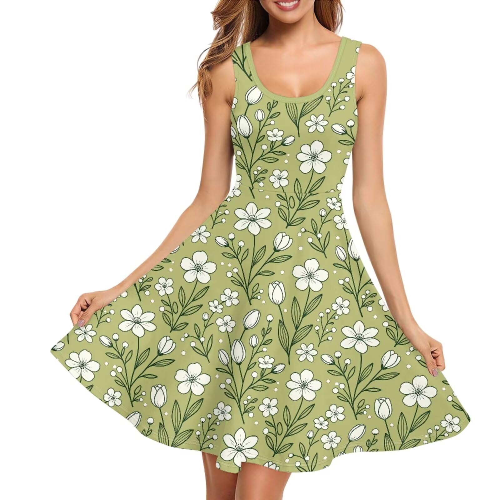 Women Stylish Tank Dresses Sleeveless Round Neck Midi Casual Dress with Pocket for Summer