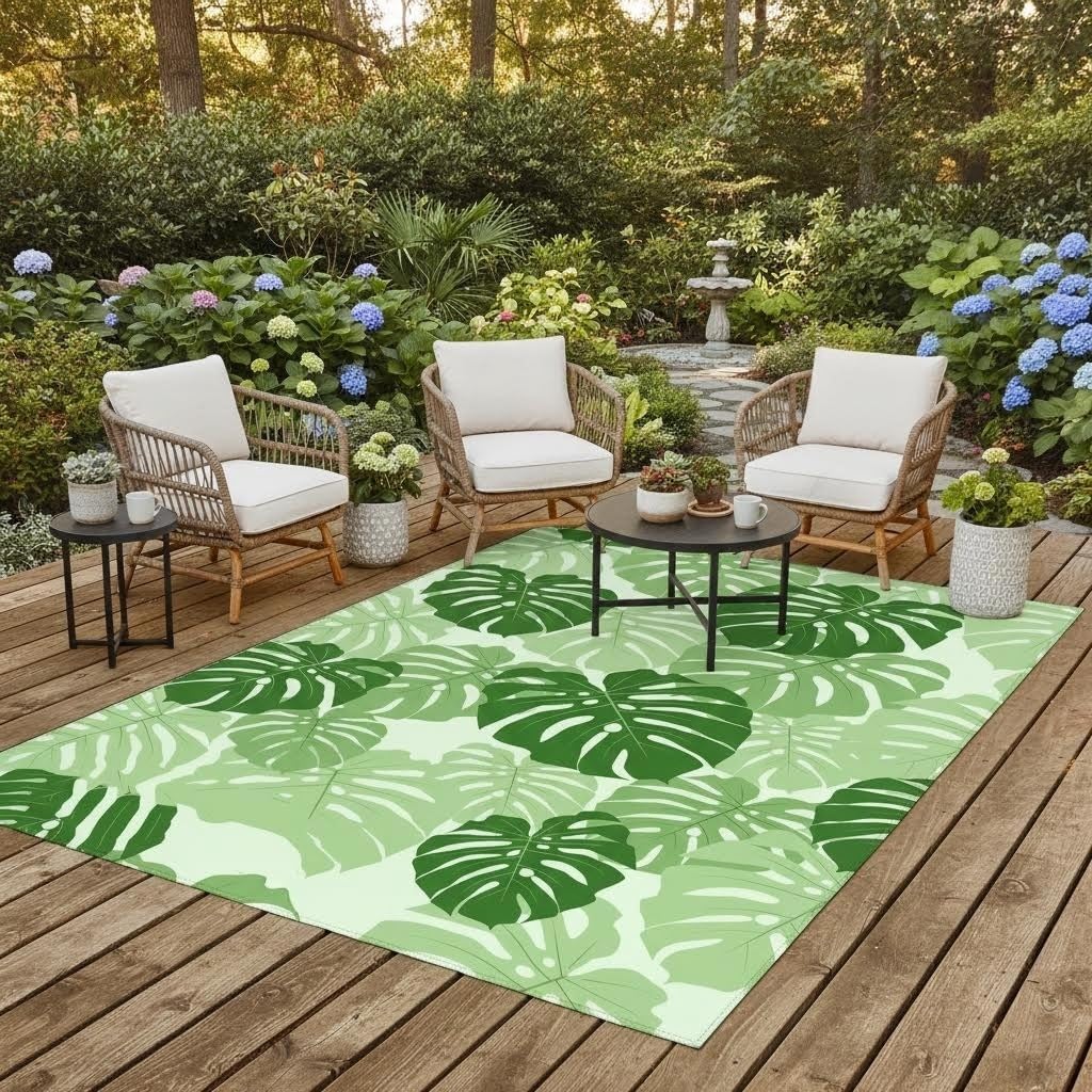 Mint Green Monstera Leaf Outdoor Rug 6x9 Tropical Plants Print Outdoor Carpet for Backyard Patio Porch Deck Balcony Camping Lightweight Easy Cleaning Outside Rugs Poolside Bathroom Non Skid Mats