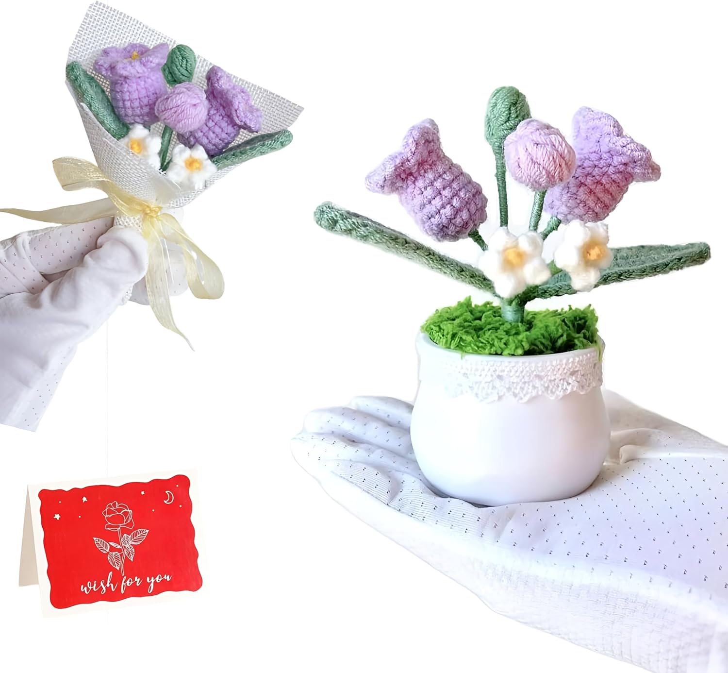 Small Table Crochet Flower-Lily of the Valley Flower Bouquet With Gift Card, Students Dance Teacher Appreciation Gift for Cars Wedding Party Birthday Cake Decorations (Z-Purple lily of the Valley)