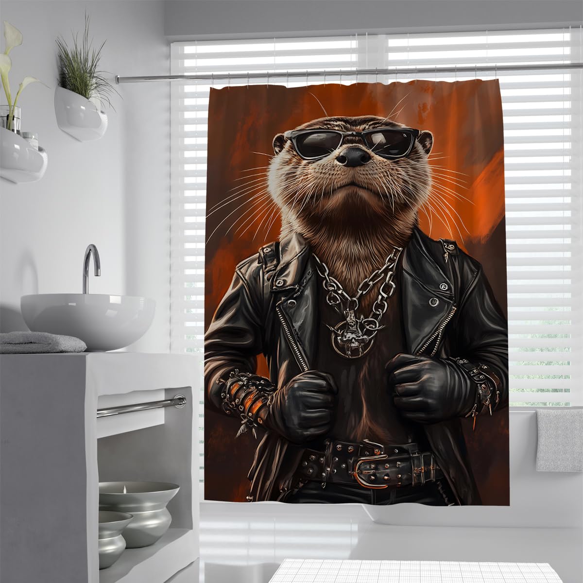 UIRINGART Cute Otter Bathroom Screen W160xL200cm Quick Dry Mold Resistant Modern Animal Sunglasses Black Leather Jacket Fabric Shower Curtain Rustproof Grommets Tub Liners
