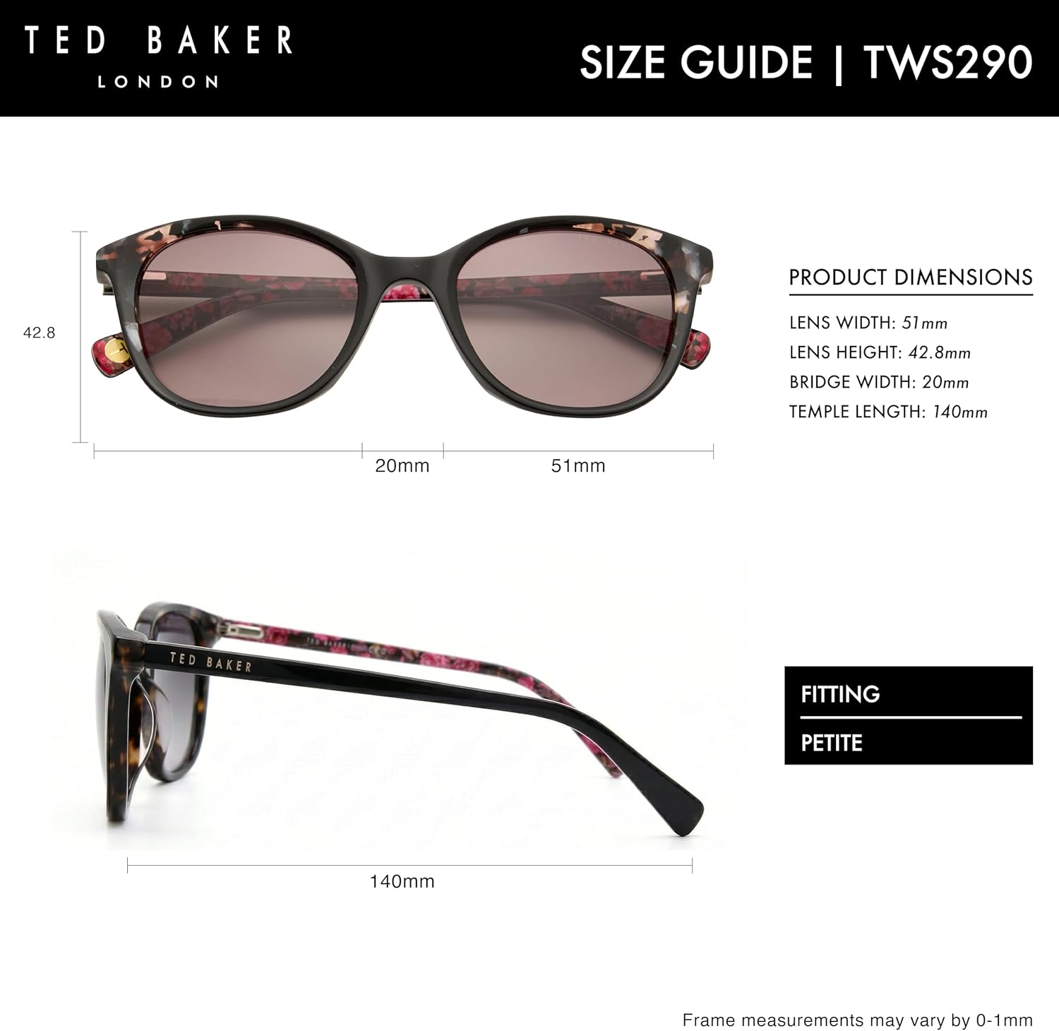 Ted Baker TWS290 Women's Modified Round Sunglasses, UV400 Protection, 51 mm