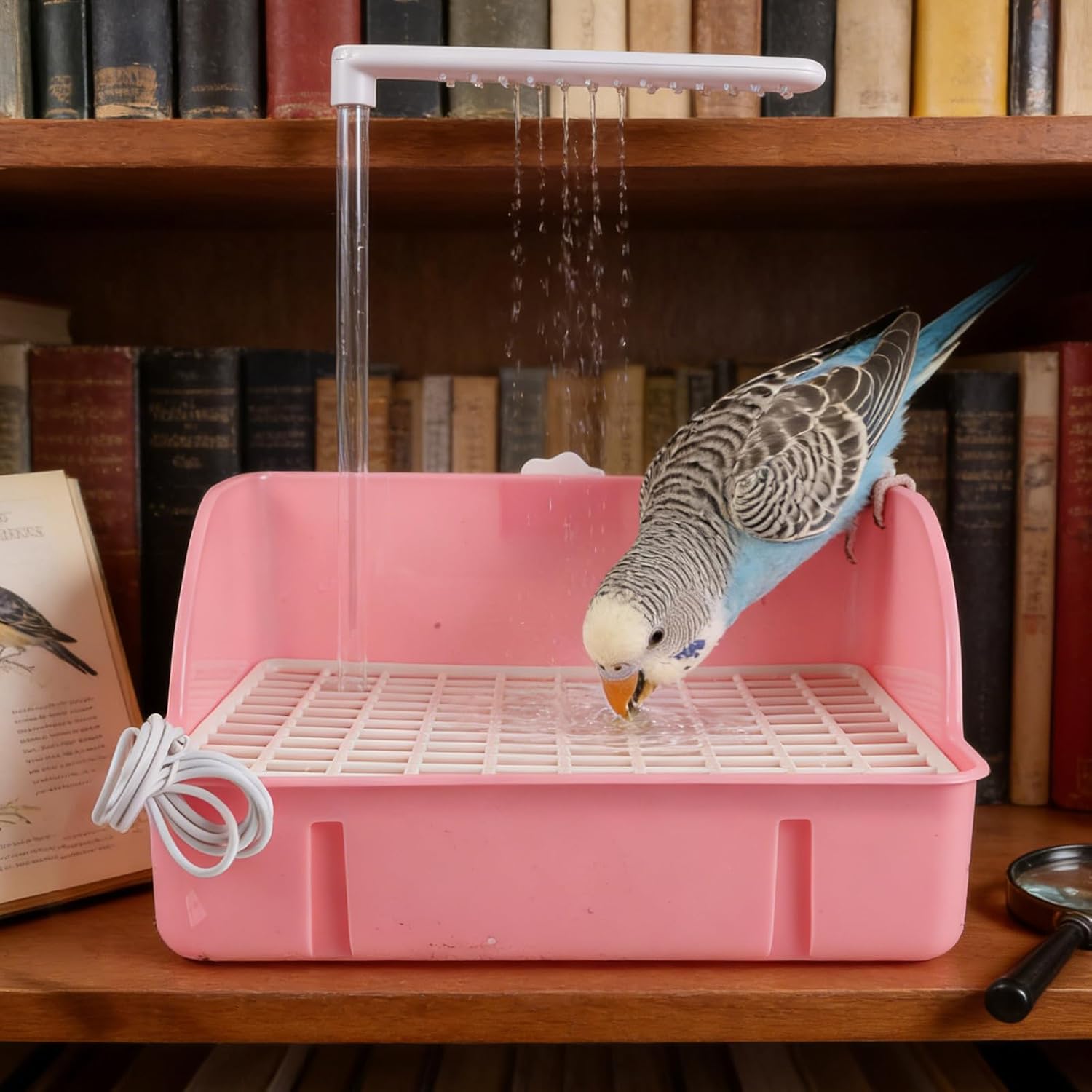 Bird Bath for Parrots Pet Bathtubs, Plastic Shower Bath Box with Recirculating Fountain, Parrot Cage Hanging Bathing Tub Pink