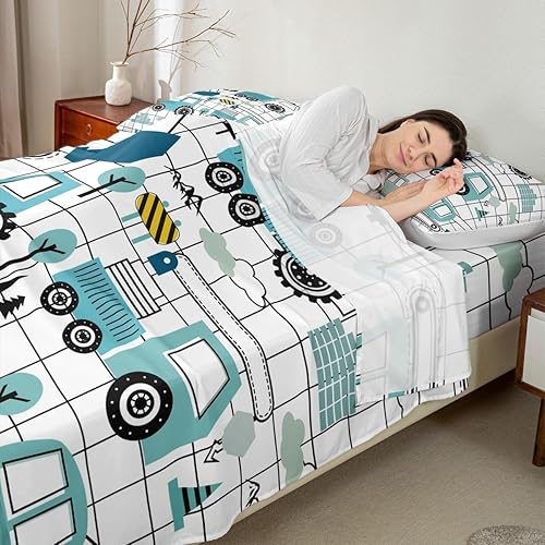 Miniatura 4 de Feelyou Juego de sábanas de construcción para niñas y niños, tamaño individual, diseño de dibujos animados, excavadora, tractor, sábanas con