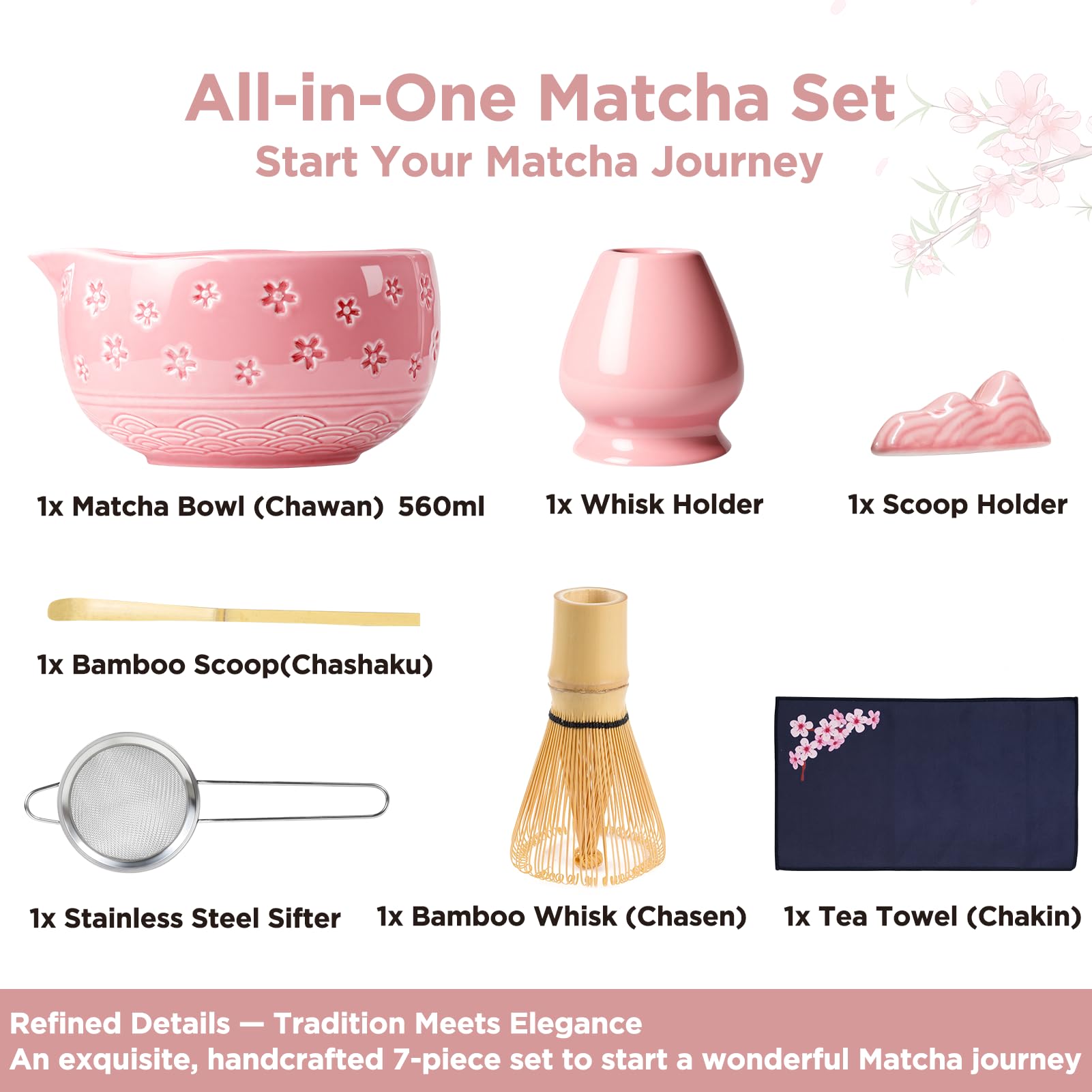 AANQQ Matcha Kit Rose: Matcha Set 7 Pezzi - 560ml Ciotola Matcha - Chasen - Cucchiaio Di Matcha & Matcha Setaccio, Kit Matcha Ideale Per Amanti Del Matcha E Principianti