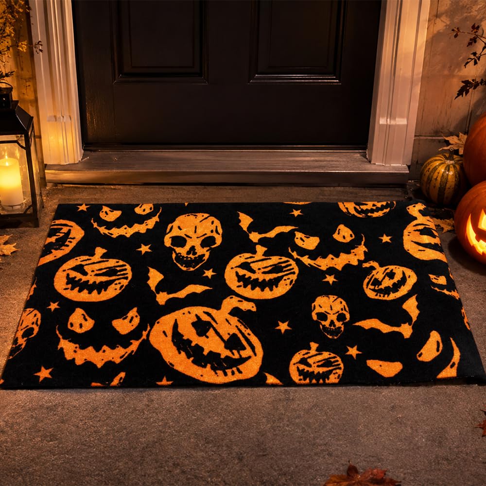 Qingbei Rina Halloween Outdoor Mats with Pumpkin Bat Skeleton-40x70cm